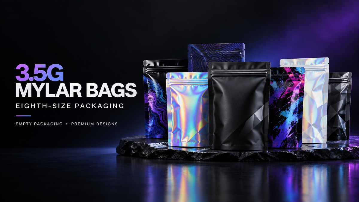 Weed bag sizes compared side by side, from 1 gram mylar bags up to 1 pound bags