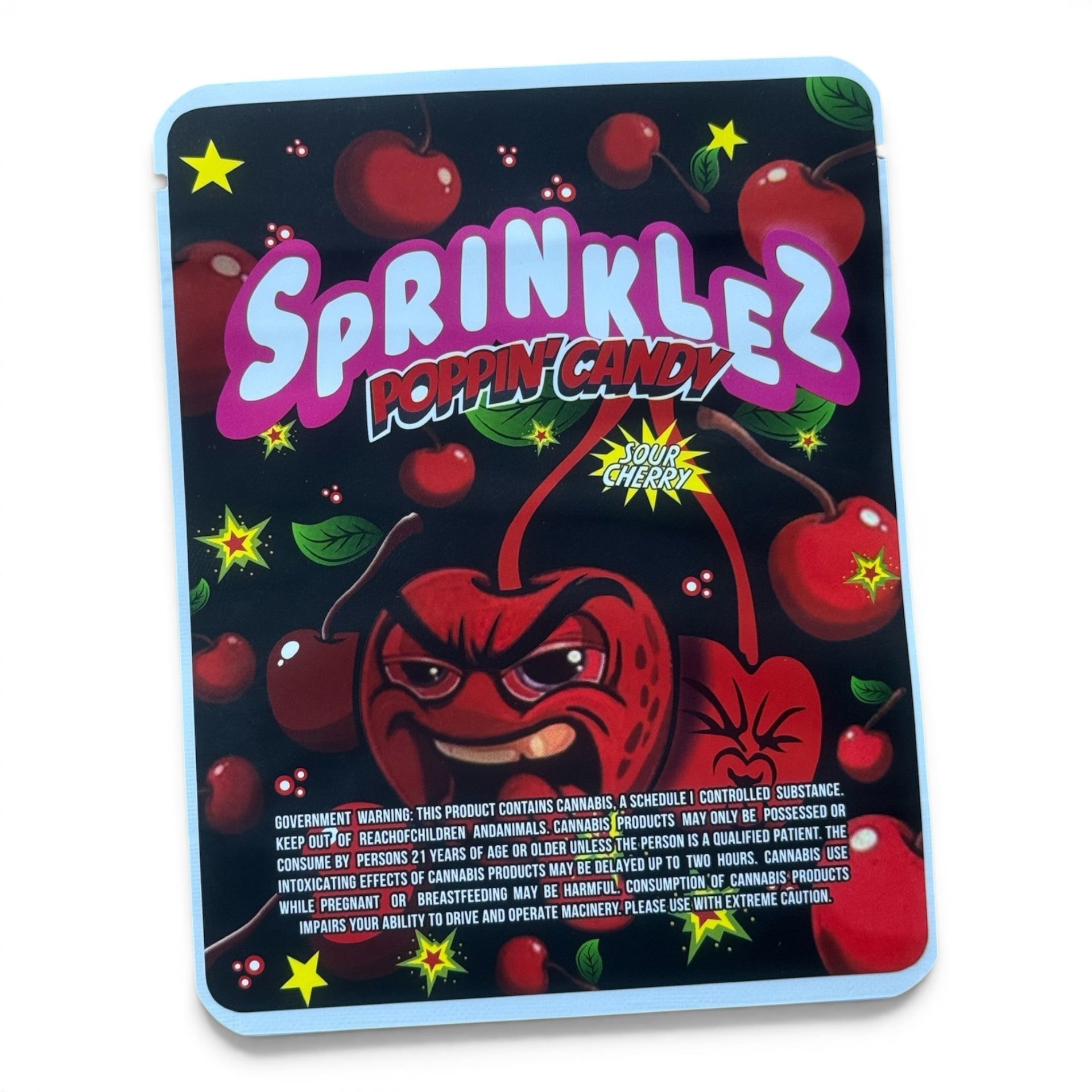 Sprinklez Poppin Candy Sour Cherry 3.5G Mylar sticker Bags -With stickers and label