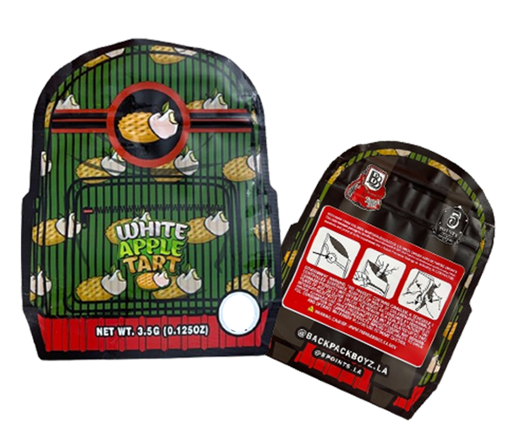 White Apple Tart Backpack Boyz cut out Mylar zip lock bag 3.5G
