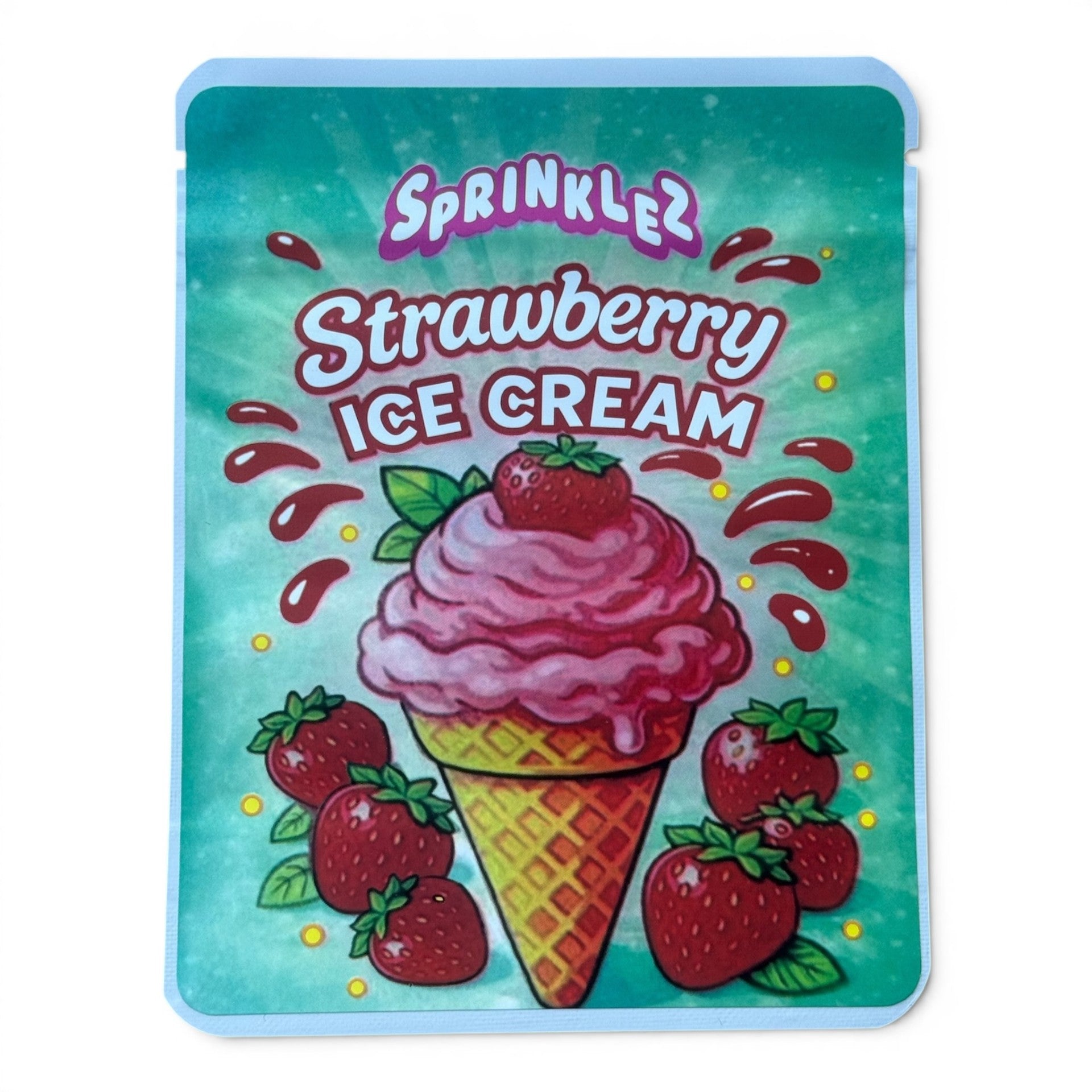 Sprinklez Strawberry Ice Cream 3.5G Mylar sticker Bags -With stickers and label