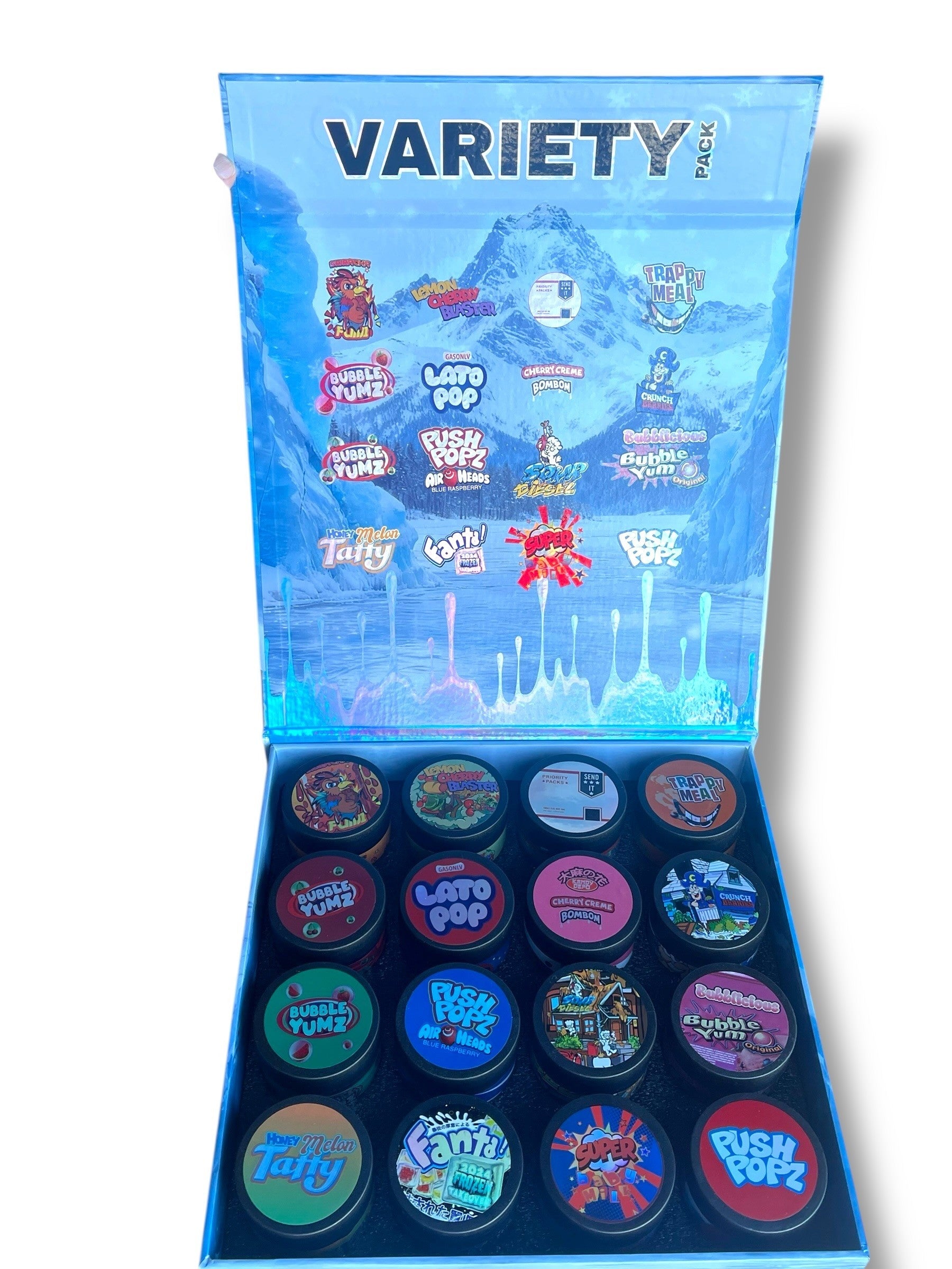 Variety Pack Exotics Glass Jars - Varity Pack 16 Flavors in box Empty Jars