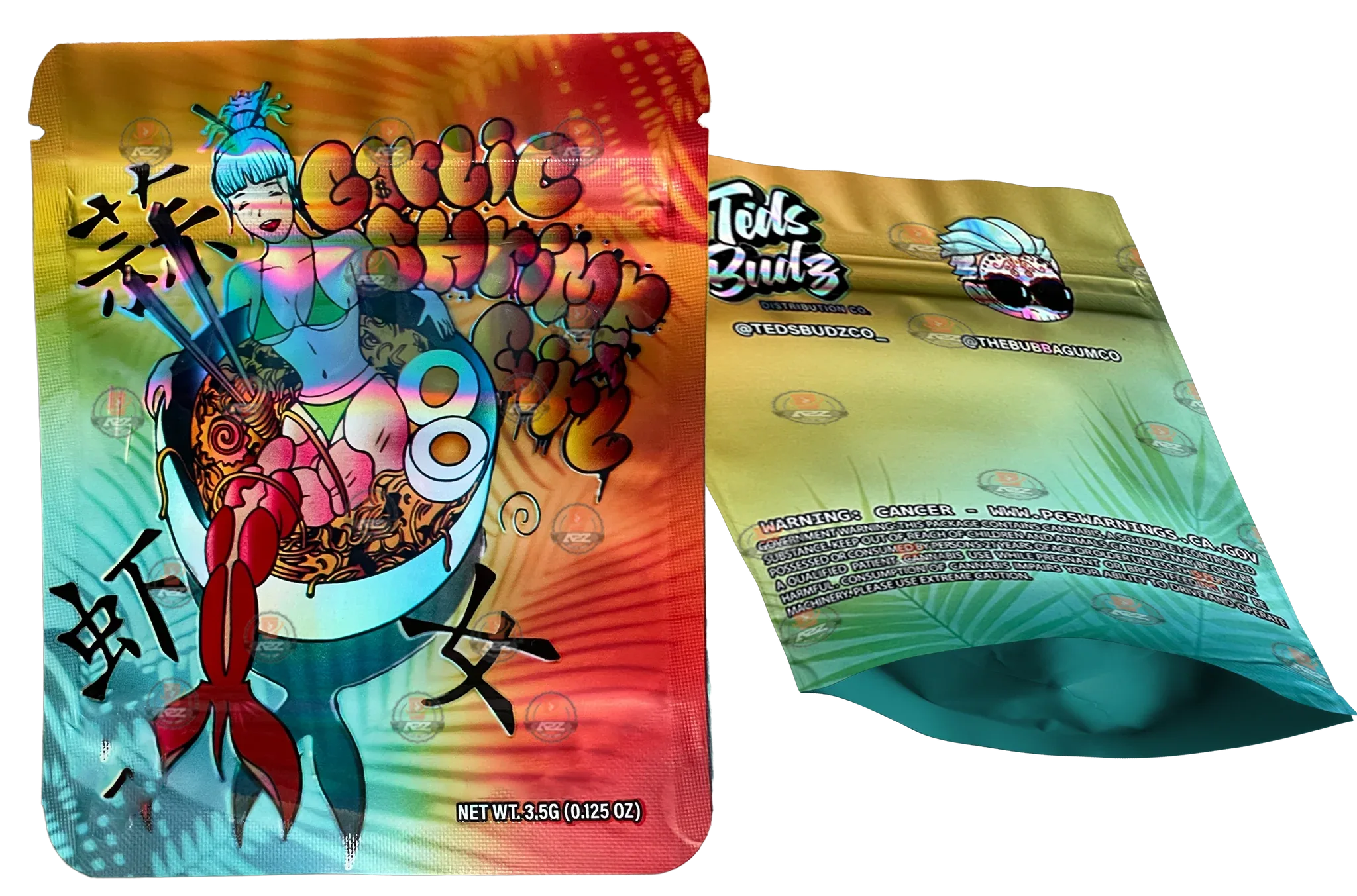 Garlic Shrimp Girl Teds Budz Mylar Bags 3.5g Holographic Empty Packaging - Black Unicorn Hub