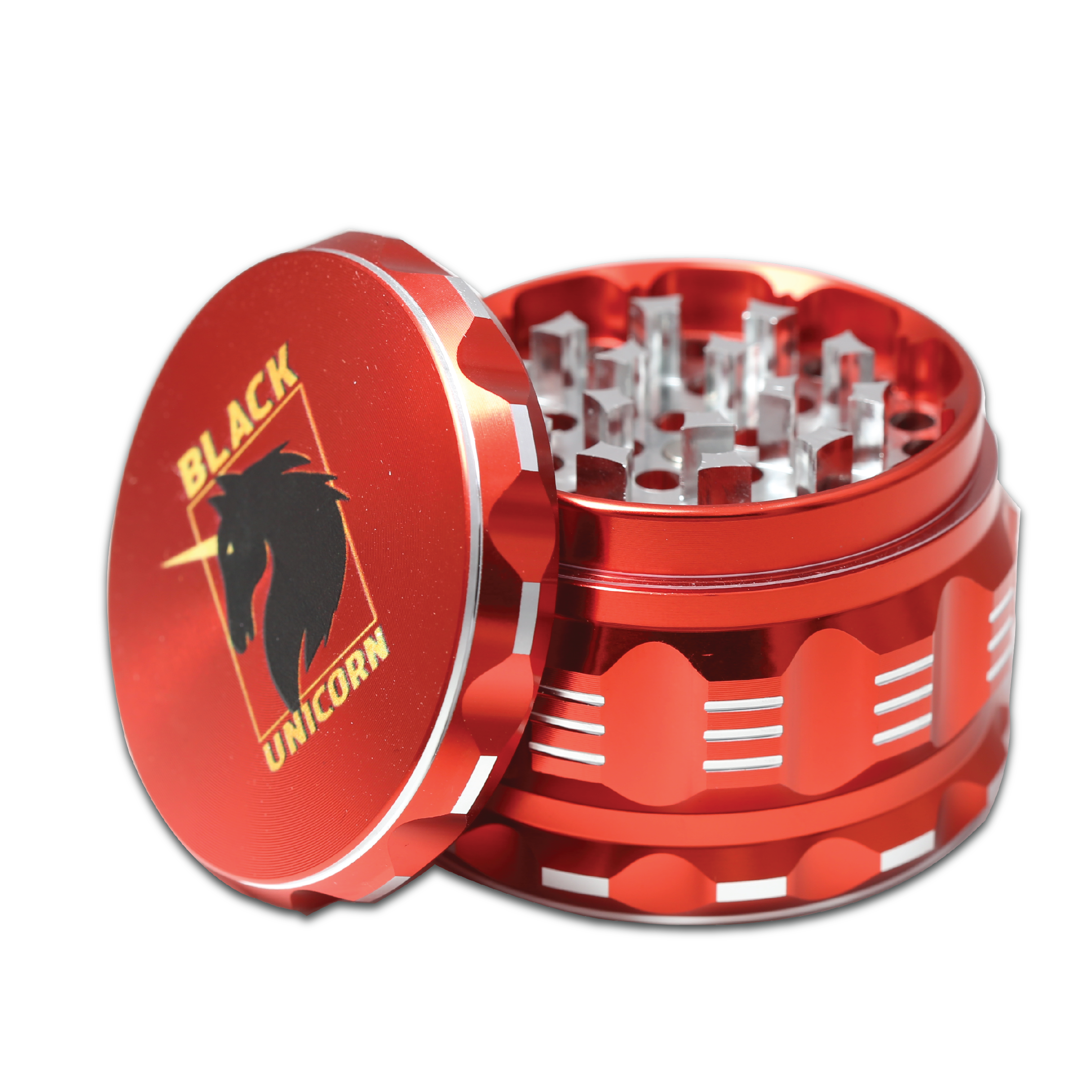 Black Unicorn Grinder with Pollen Catcher. Large 4 Piece, 2.5" Aluminum (Red)