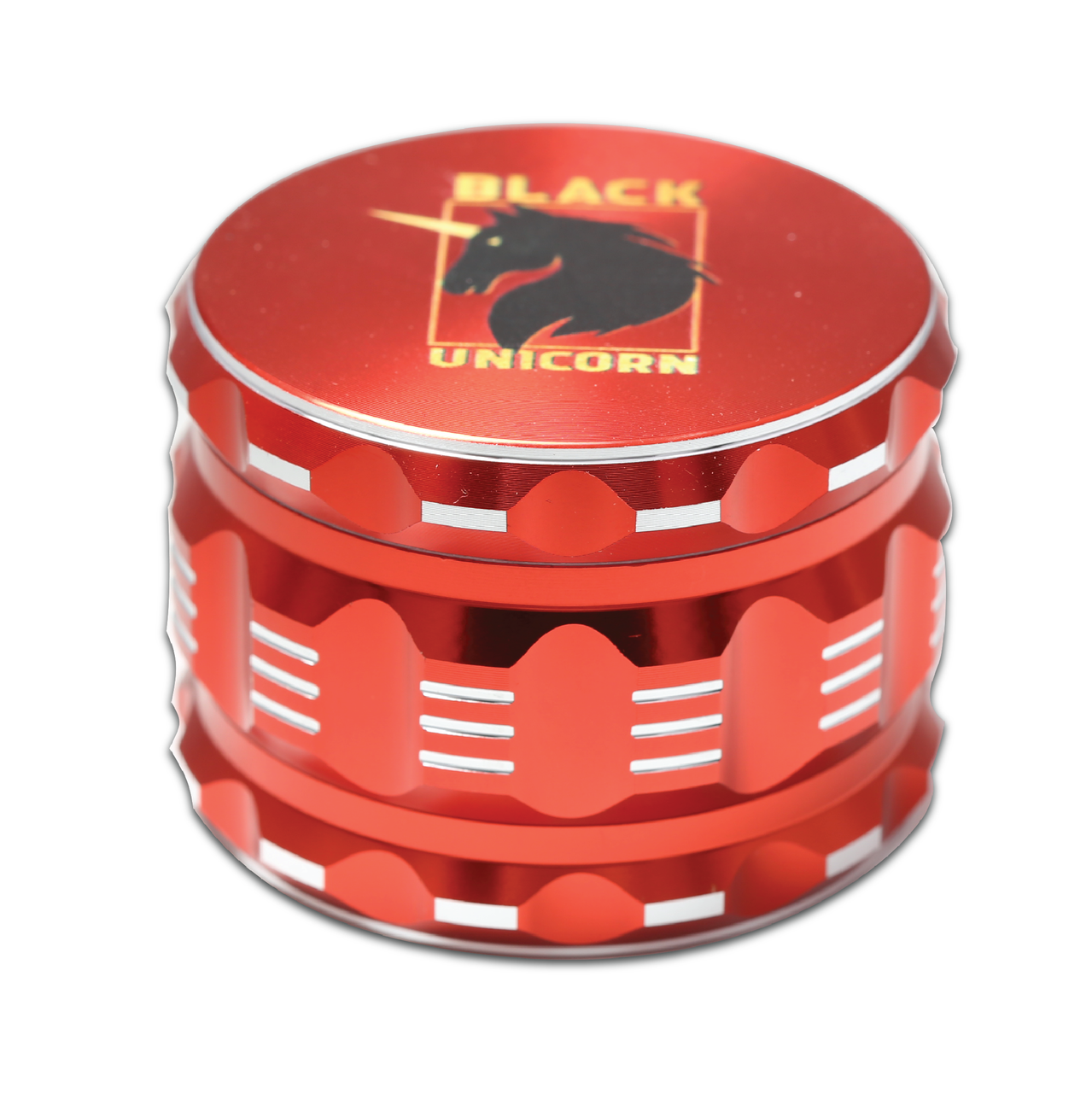 Black Unicorn Grinder with Pollen Catcher. Large 4 Piece, 2.5" Aluminum (Red)