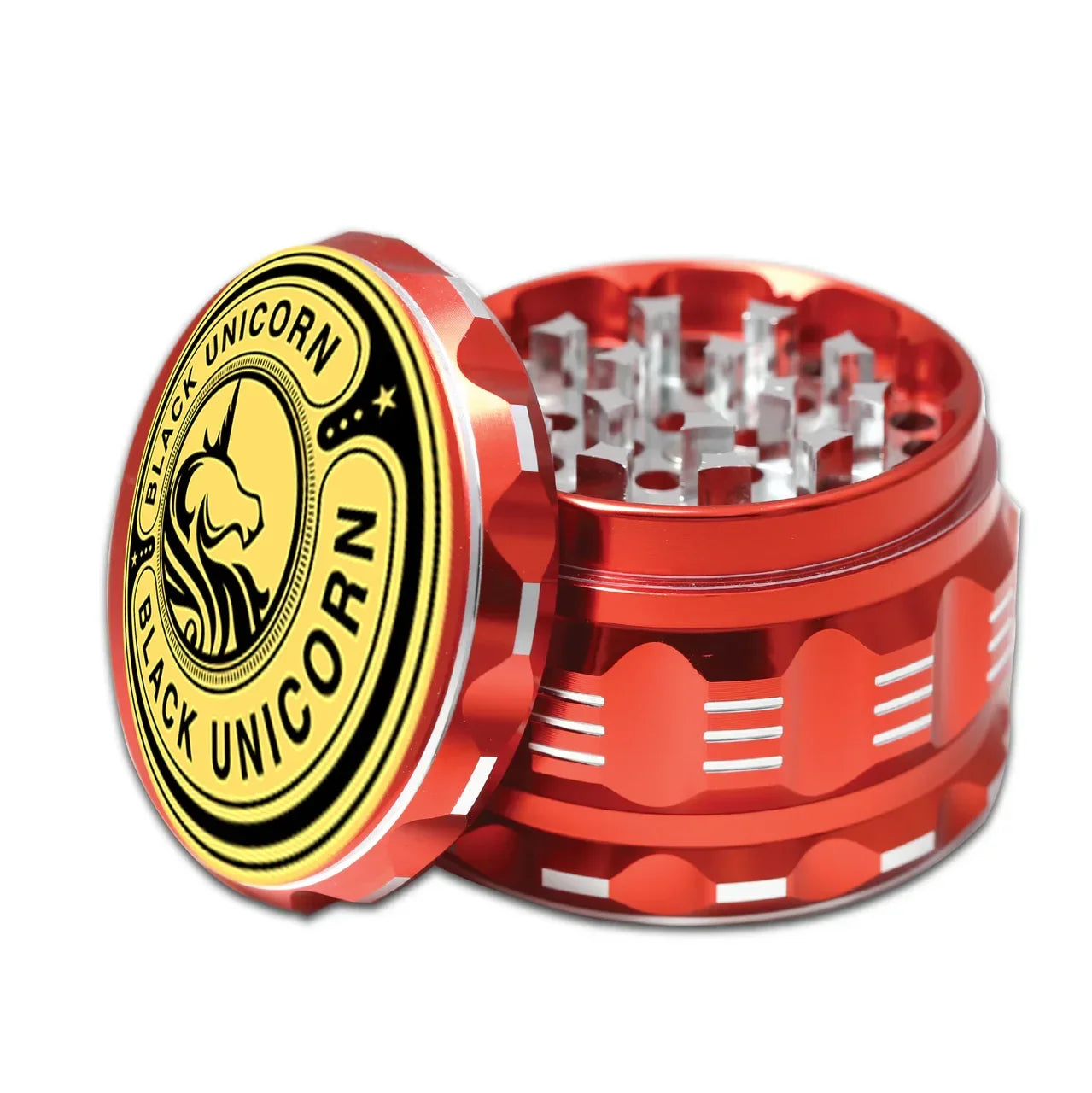 Black Unicorn Grinder with Pollen Catcher. Large 4 Piece, 2.5" Aluminum (Red) - Black Unicorn Hub