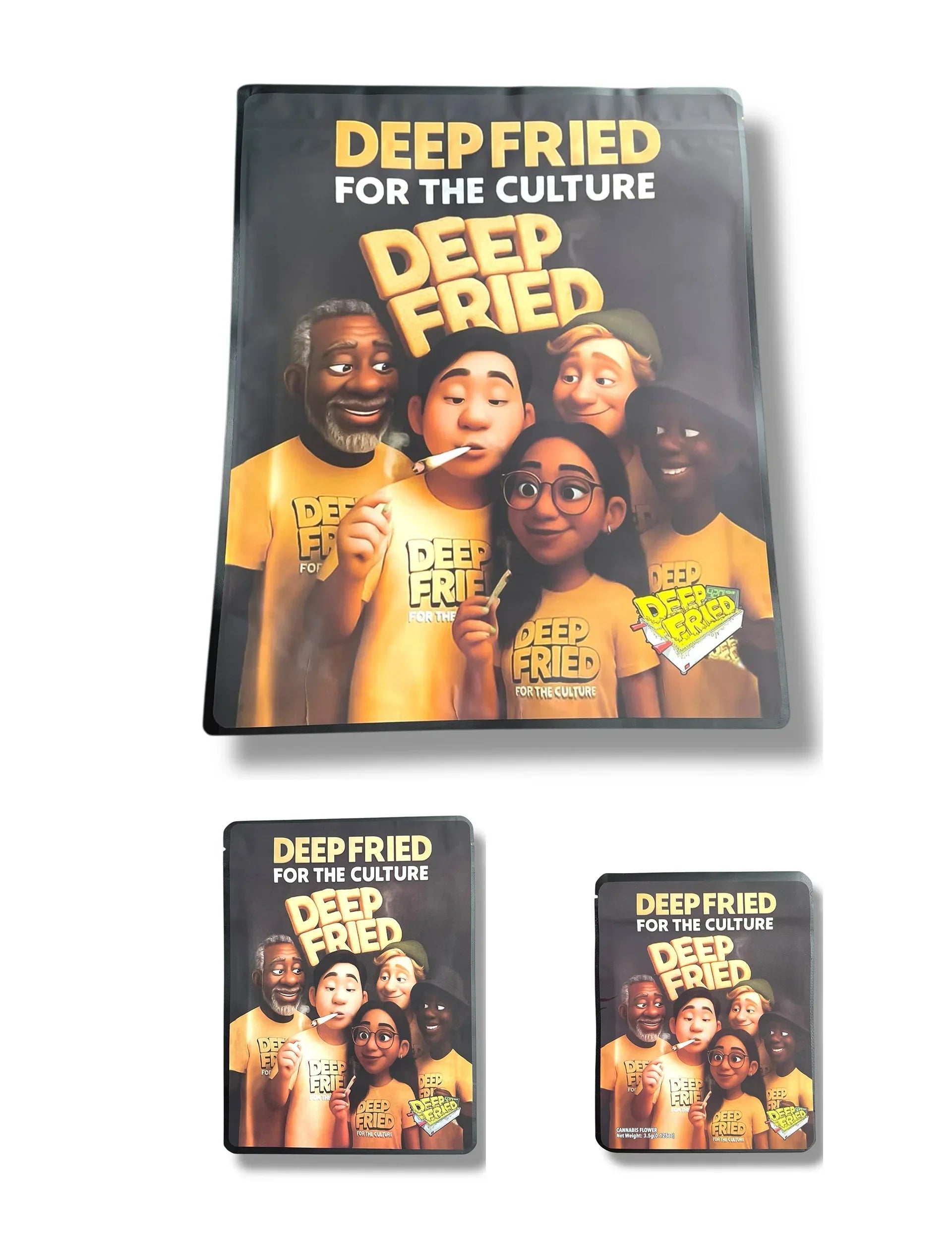 Deep Fried for the Culture Combo Sticker Mylar Bags | 16oz, 1oz & 3.5g - Black Unicorn Hub