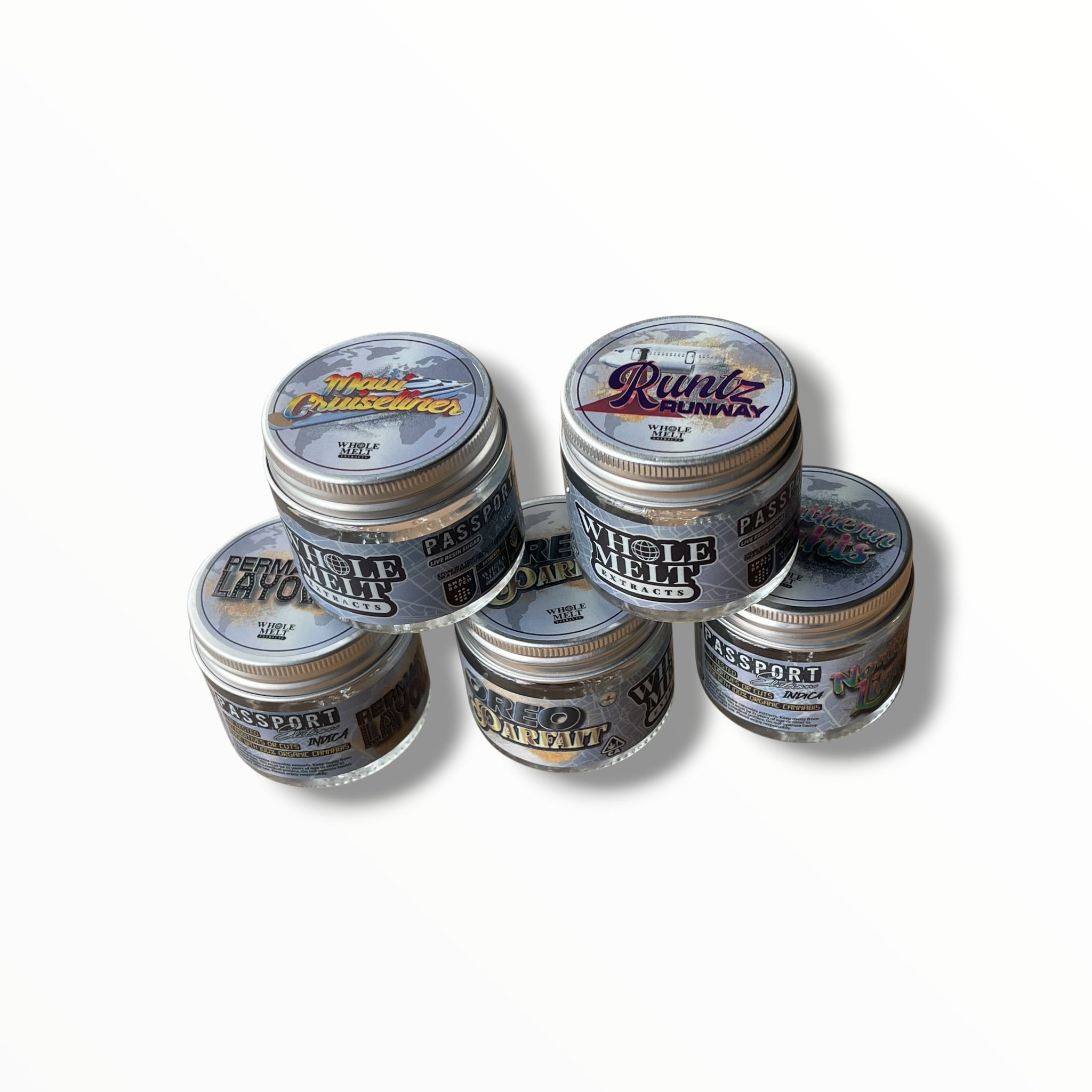 Whole Melt Passport Edition 1oz Glass Jars - Varity Pack 16 Strains in box Empty Jars