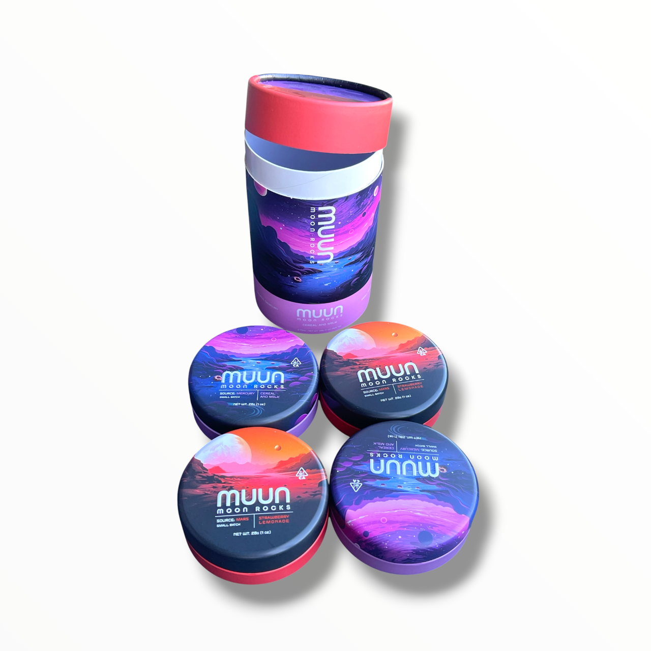 Muun Moon Rocks Mixed-Strain Variety Pack – 4 Capsules, 16 Empty 1 Oz Pods – Packaging Only