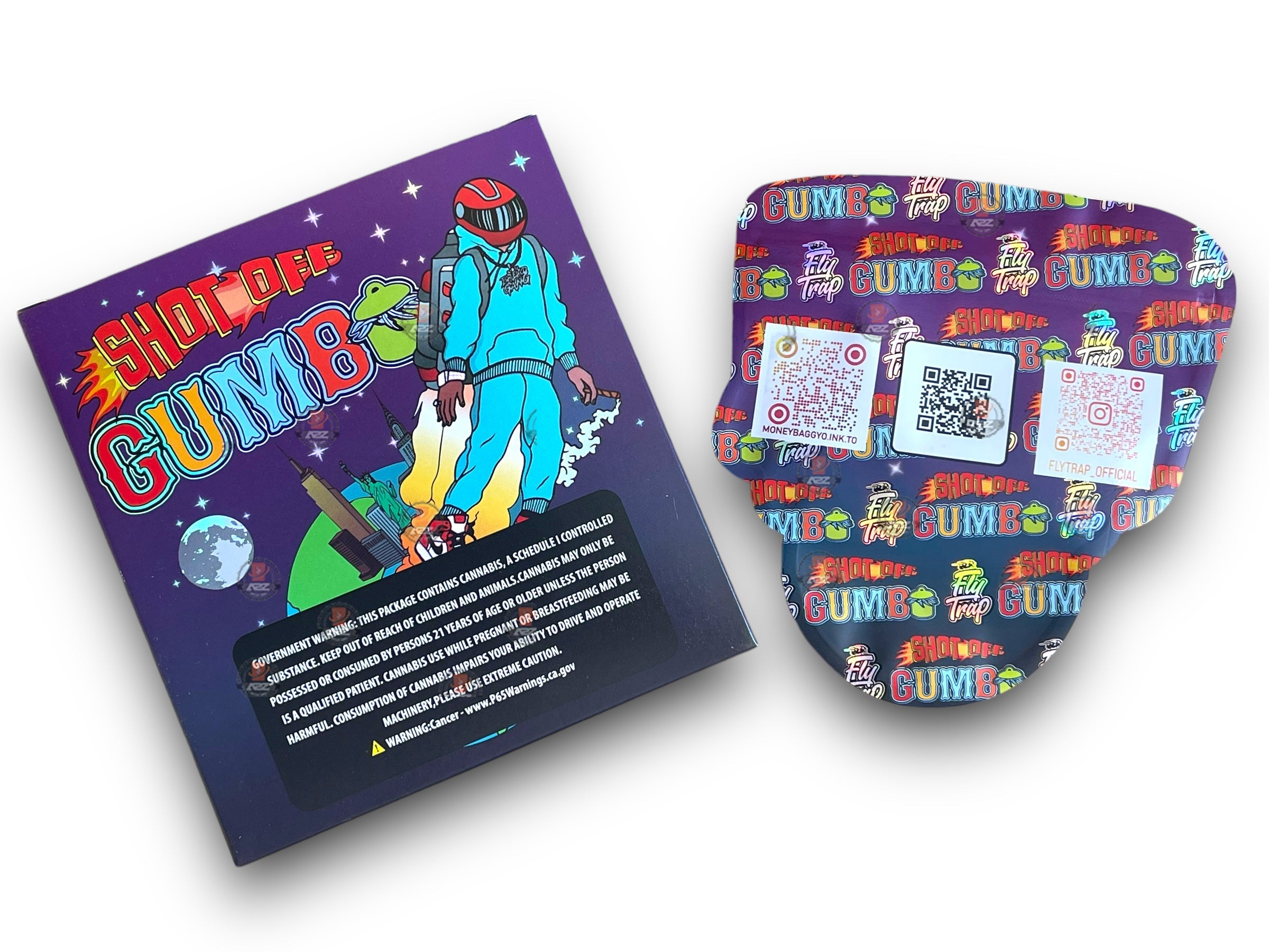 Gumbo Shot OFF Mylar Bags with Boxes 3.5g Box Packaging Holographic boxes and bags