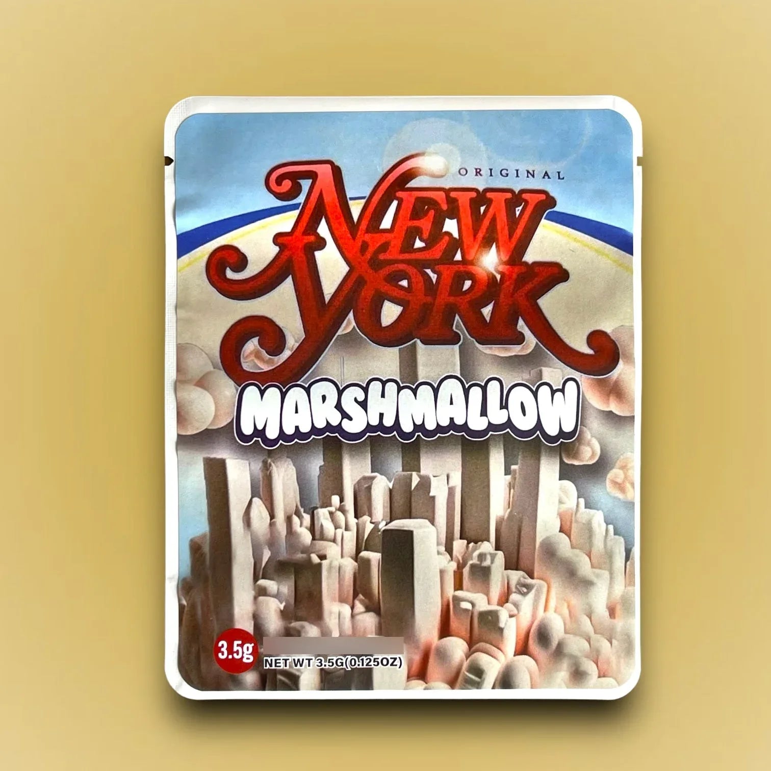 New York Marshmallow Mylar Bags 3.5g Sticker base Bag -With stickers and labels - Black Unicorn Hub