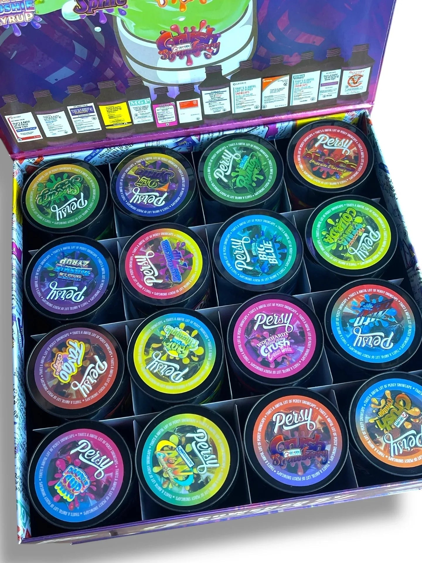 Persy Snowcaps Cough Syrup 16-1oz Plastic Jars - Varity Pack 16 Flavors in box 1 pound Empty Jars