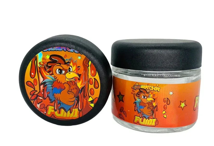 Sriracha Fumi 3.5g Glass Jars with Holographic Stickers - Black Unicorn Hub