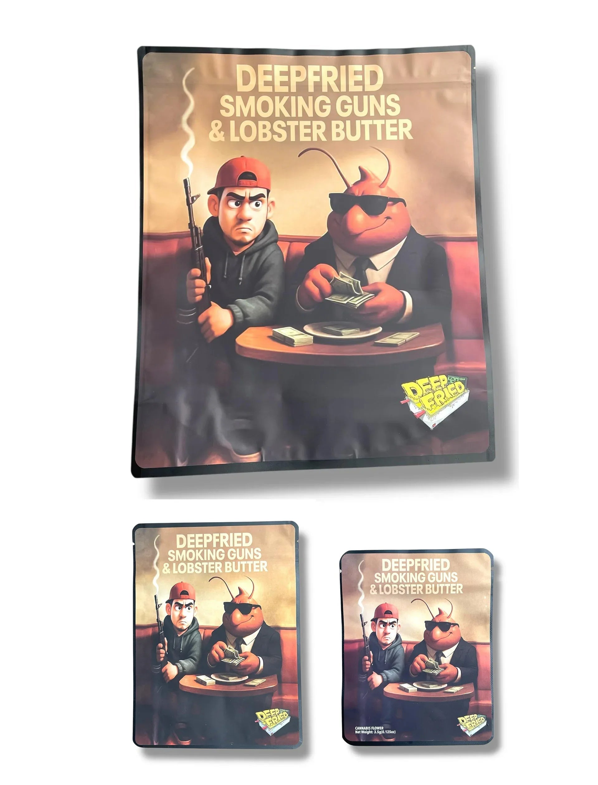 Deep Fried Smoking Guns & Lobster Butter Combo Sticker Mylar Bags | 16oz, 1oz & 3.5g - Black Unicorn Hub