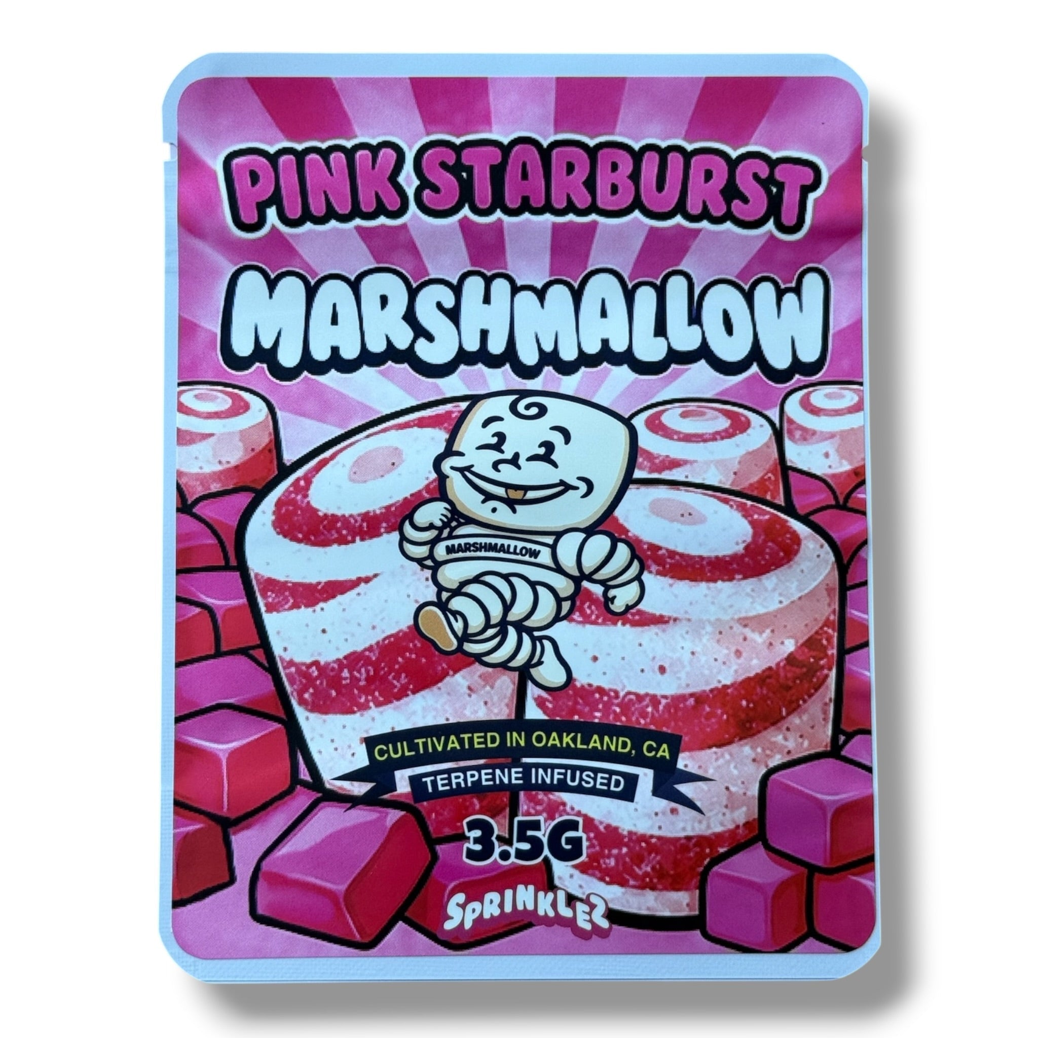 Sprinklez Pink Burst Marshmallow 3.5G Mylar sticker Bags -With stickers and label