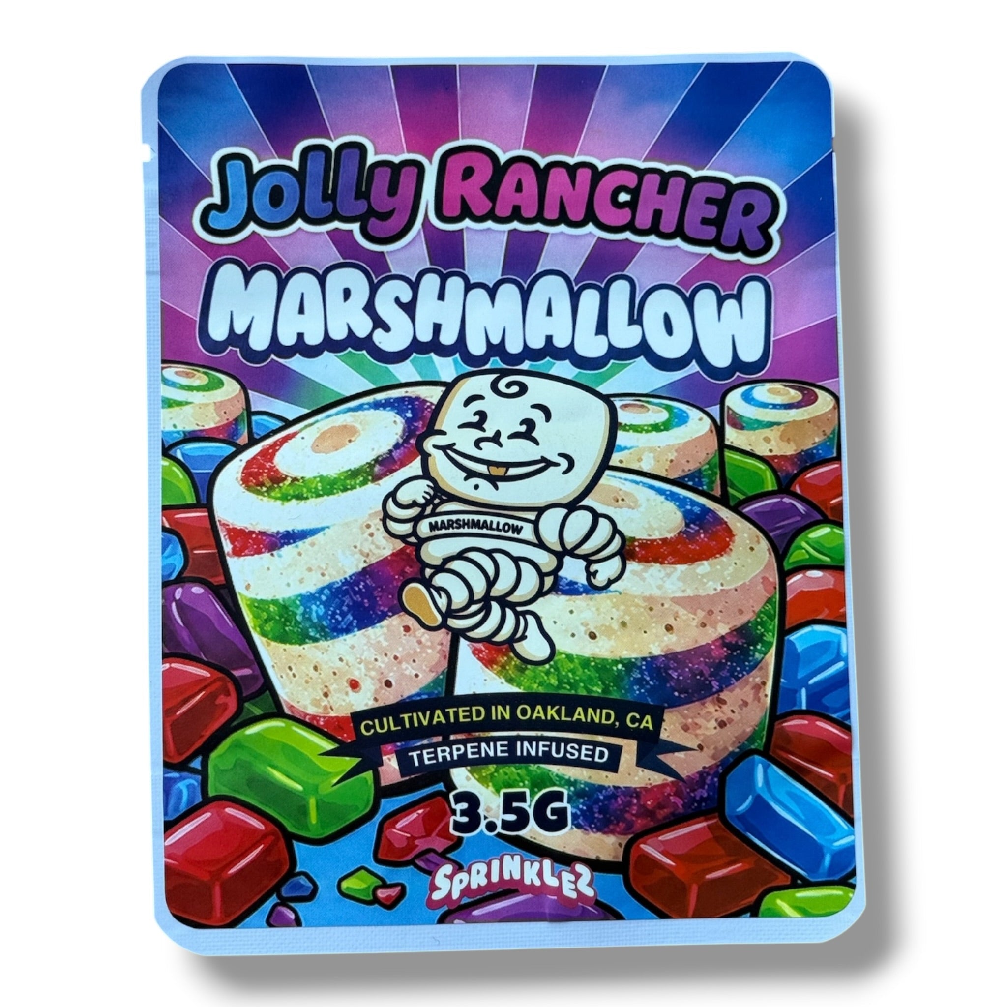 Sprinklez Rainbow Marshmallow 3.5G Mylar sticker Bags -With stickers and label