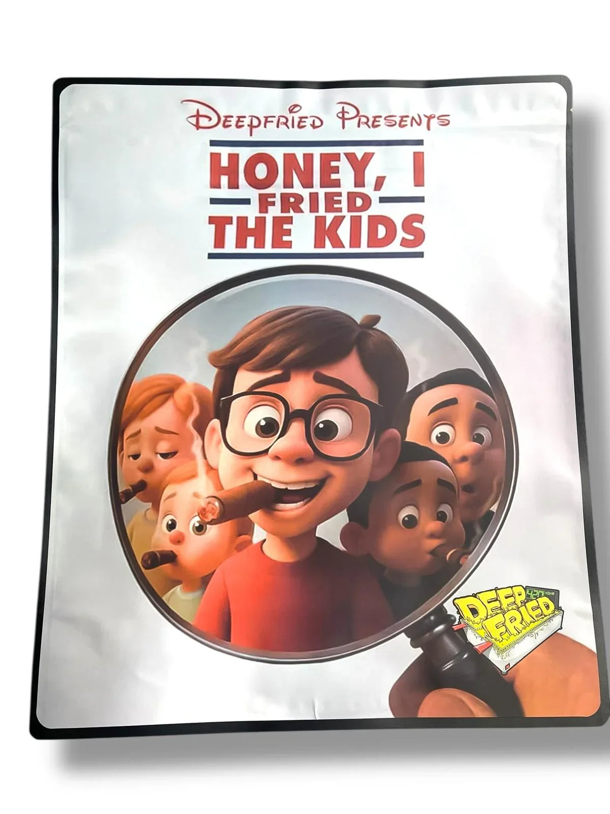 Deep Fried Honey I Fried The Kids Combo Sticker Mylar Bags | 16oz, 1oz & 3.5g - Black Unicorn Hub
