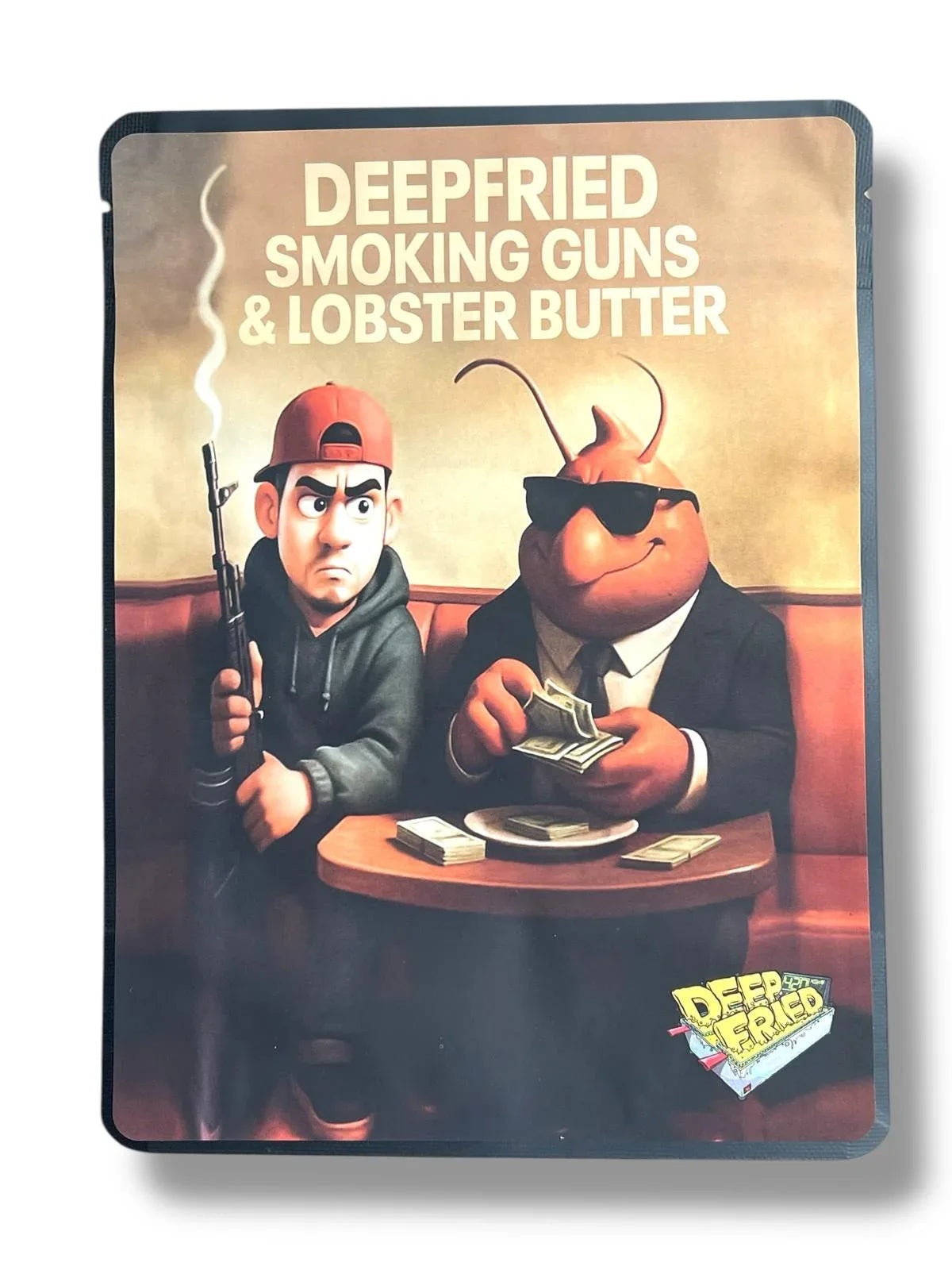 Deep Fried Smoking Guns & Lobster Butter Combo Sticker Mylar Bags | 16oz, 1oz & 3.5g - Black Unicorn Hub