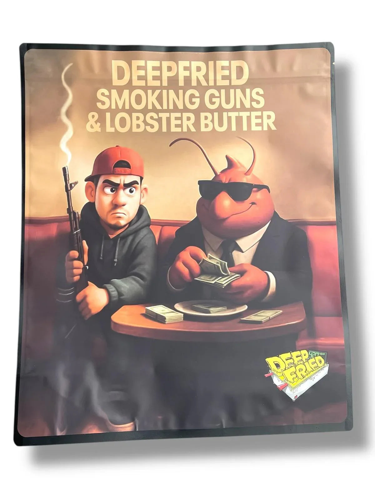 Deep Fried Smoking Guns & Lobster Butter Combo Sticker Mylar Bags | 16oz, 1oz & 3.5g - Black Unicorn Hub