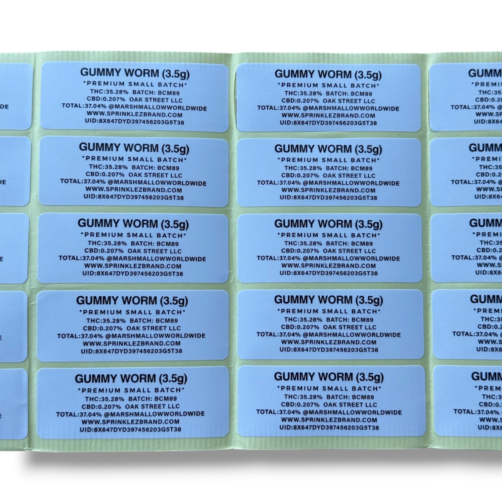 Sprinklez Gummy Worm Marshmallow 3.5G Mylar sticker Bags -With stickers and label