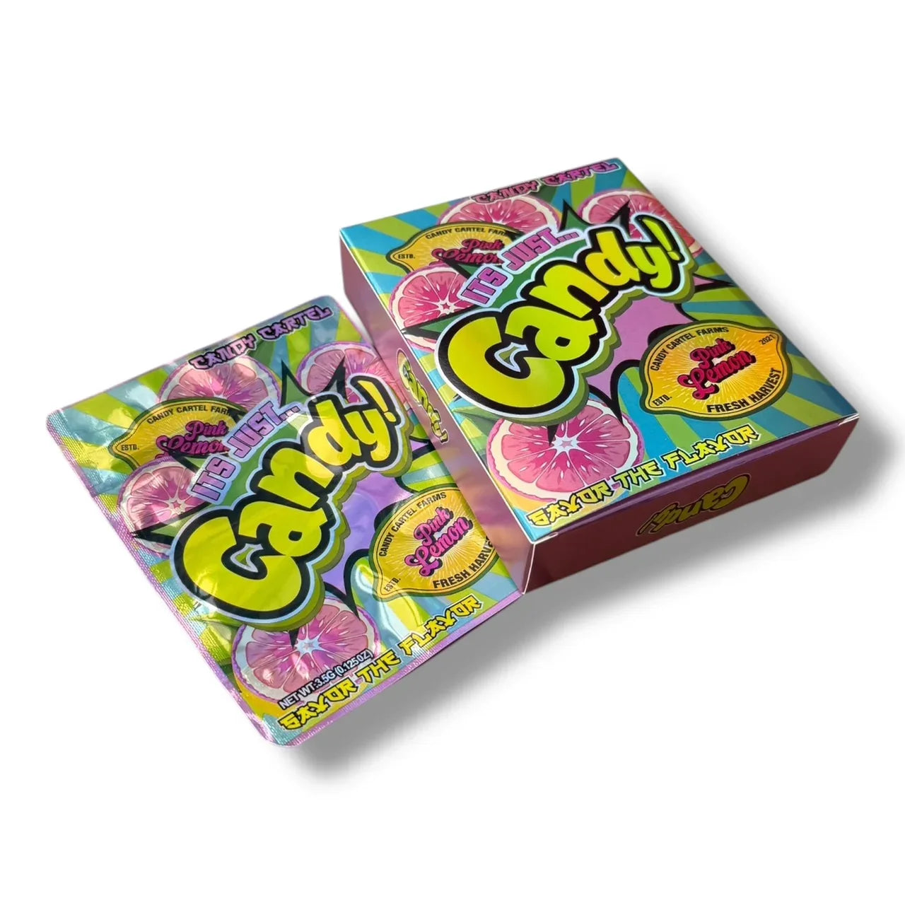Candy Pink Lemon Mylar Bags with Boxes 3.5g Box Packaging Candy Cartel - Black Unicorn Hub