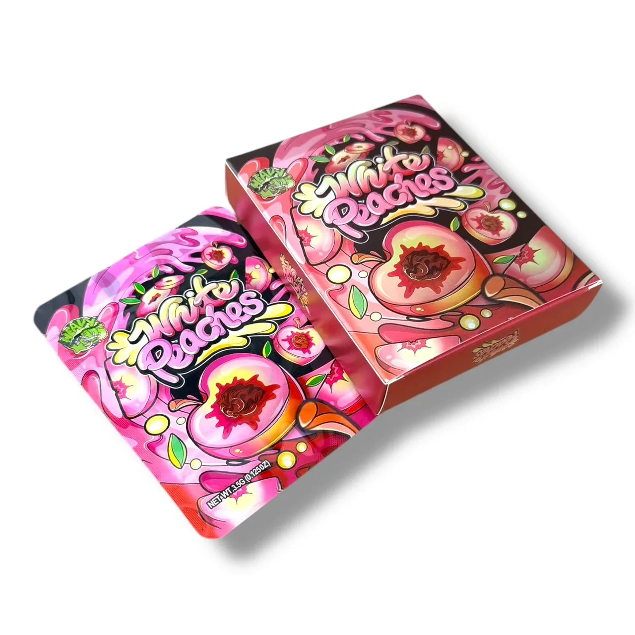 White Peaches Mylar Bags with Boxes 3.5g Box Packaging - Black Unicorn Hub