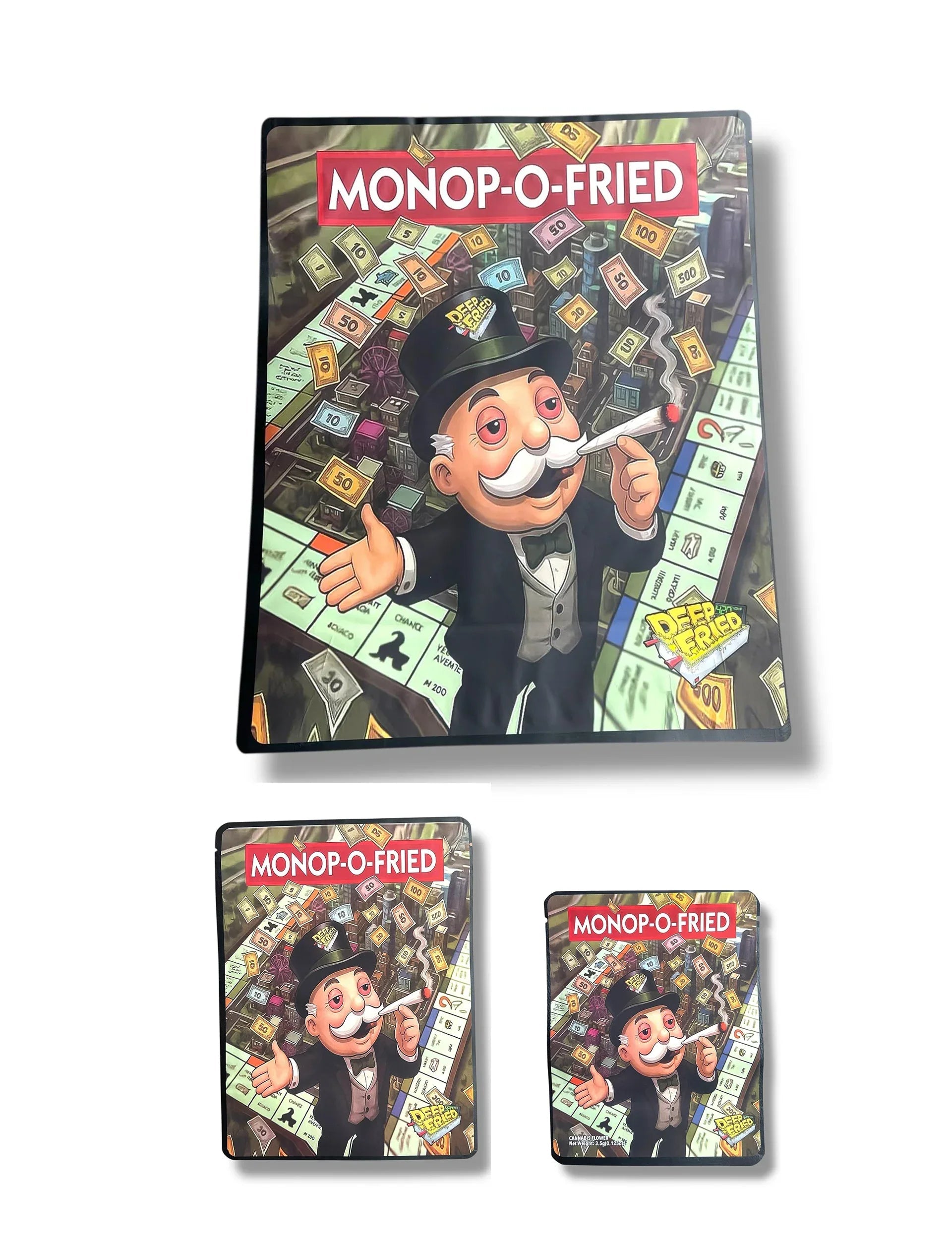 Deep Fried Monop-O-Fried Combo Sticker Mylar Bags | 16oz, 1oz & 3.5g - Black Unicorn Hub