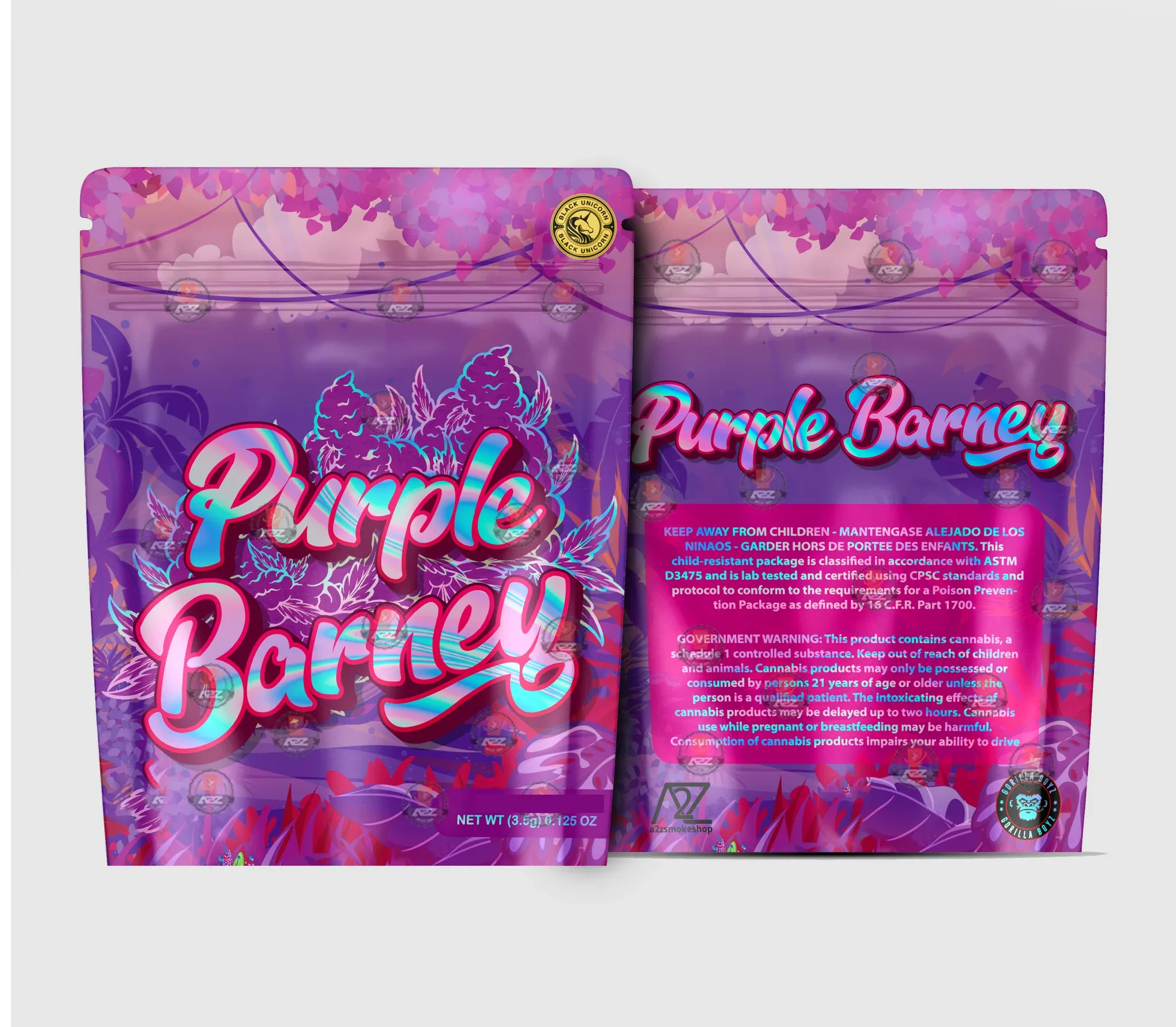 Purple Barney Holographic Mylar bag 3.5g - For Flower- Black Unicorn - Black Unicorn Hub