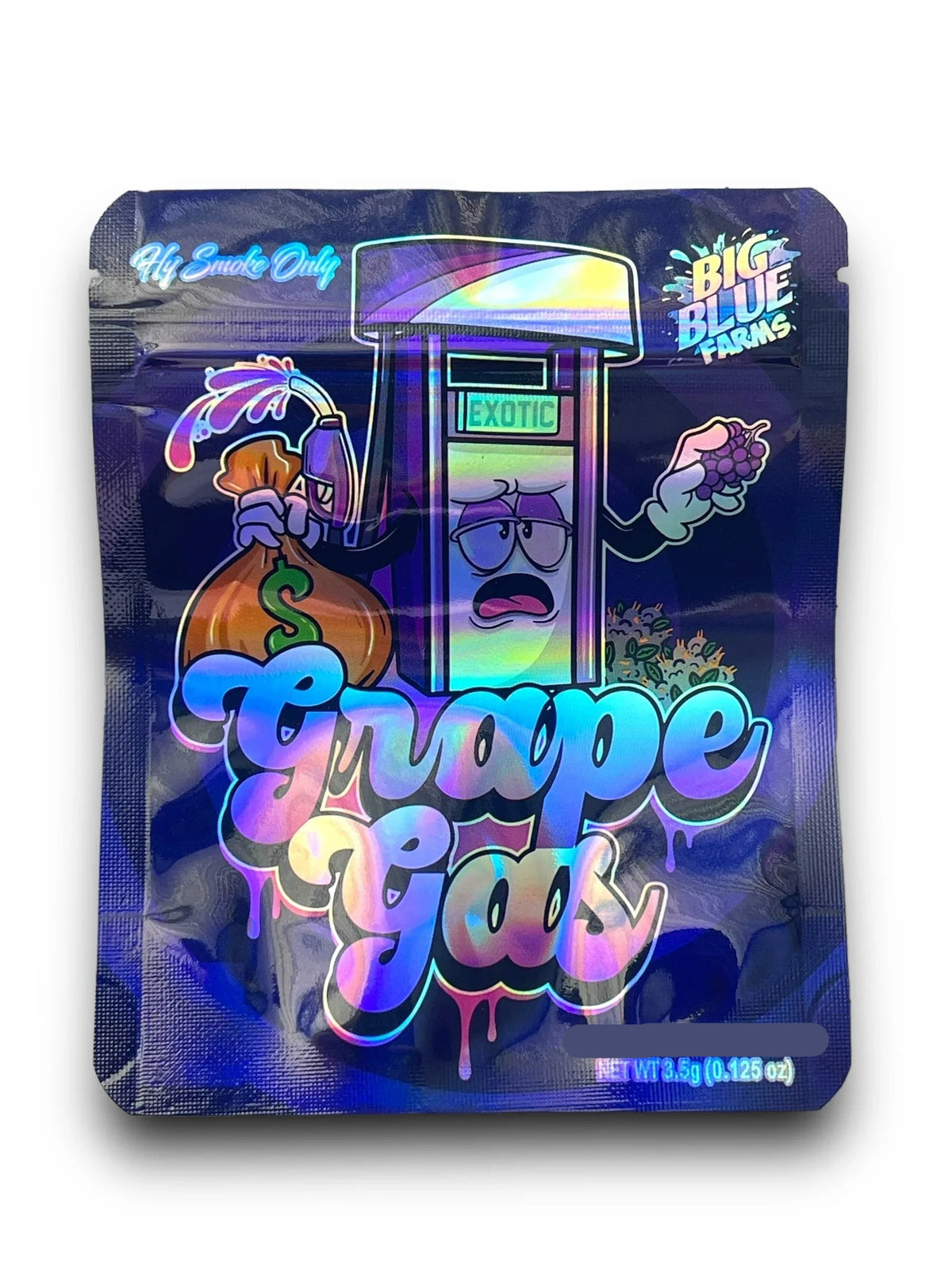 Grape Gas 3.5G Mylar Bags Holographic Exotic Big Blue Farms
