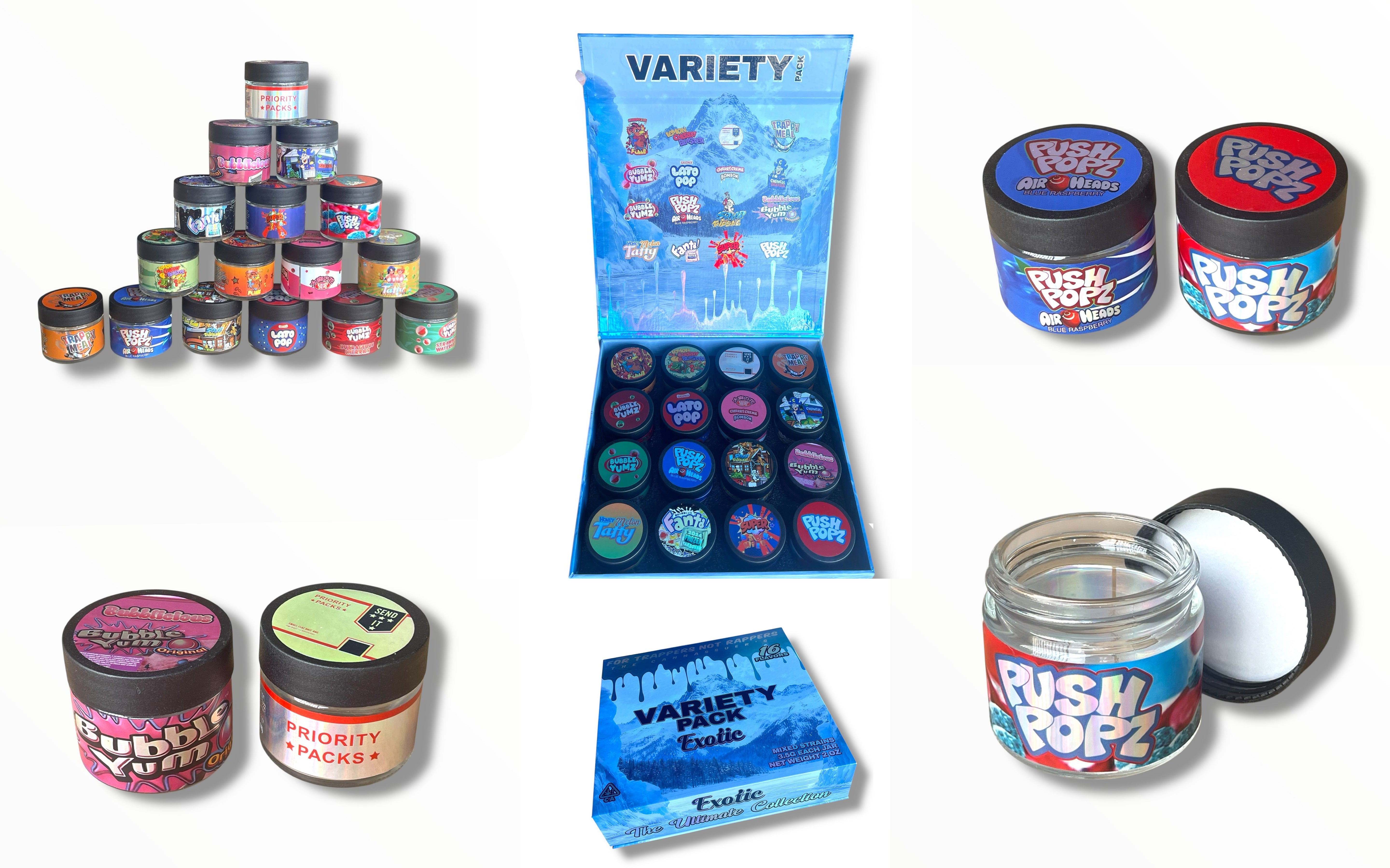 Variety Pack Exotics Glass Jars - Varity Pack 16 Strains in box Empty Jars