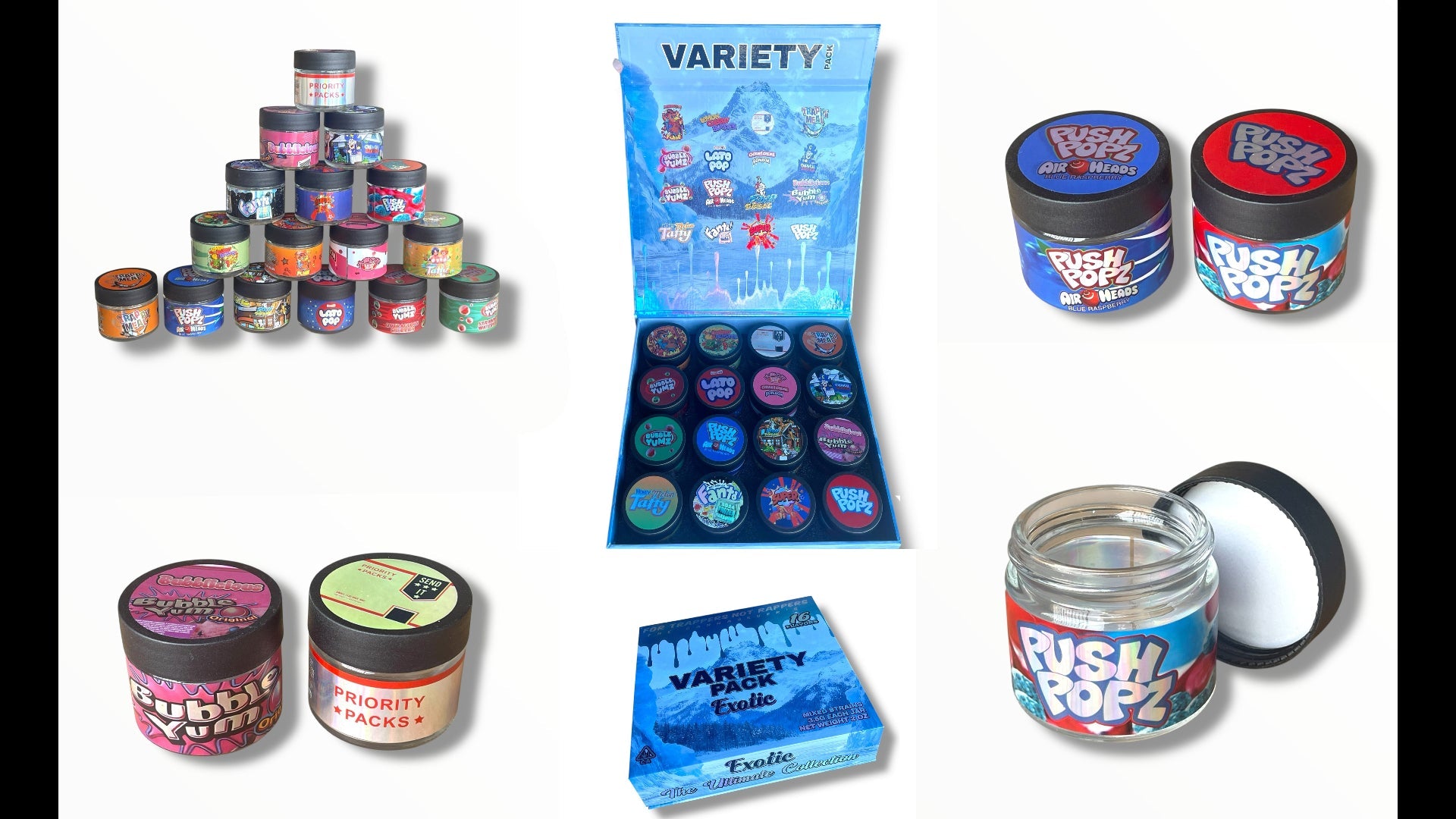 Variety Pack Exotics Glass Jars - Varity Pack 16 Flavors in box Empty Jars