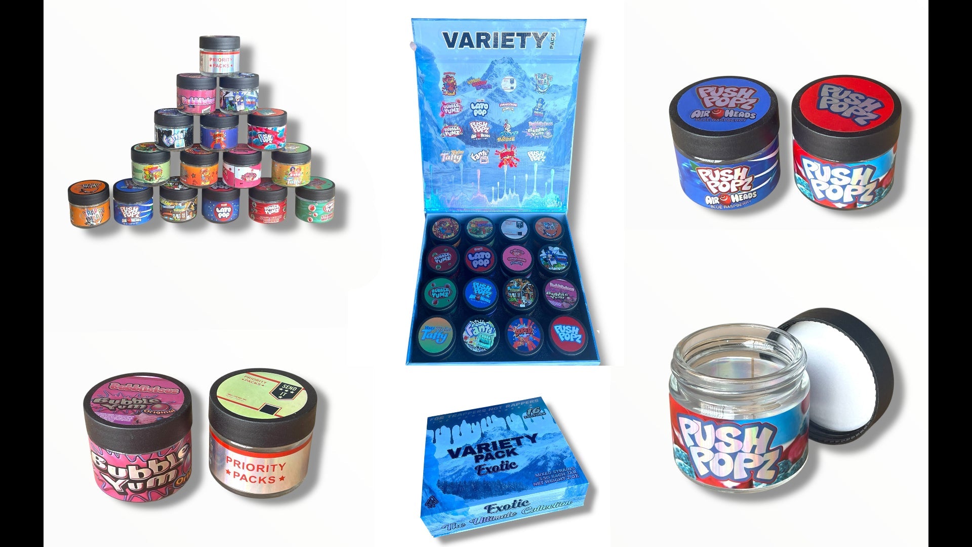 Variety Pack Exotics Glass Jars - Varity Pack 16 Flavors in box Empty Jars