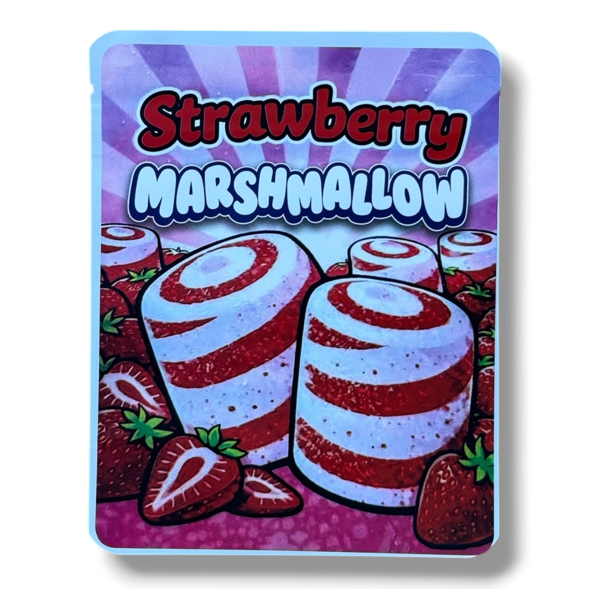 Strawberry Marshmallow 3.5G Mylar sticker Bags -With stickers and label