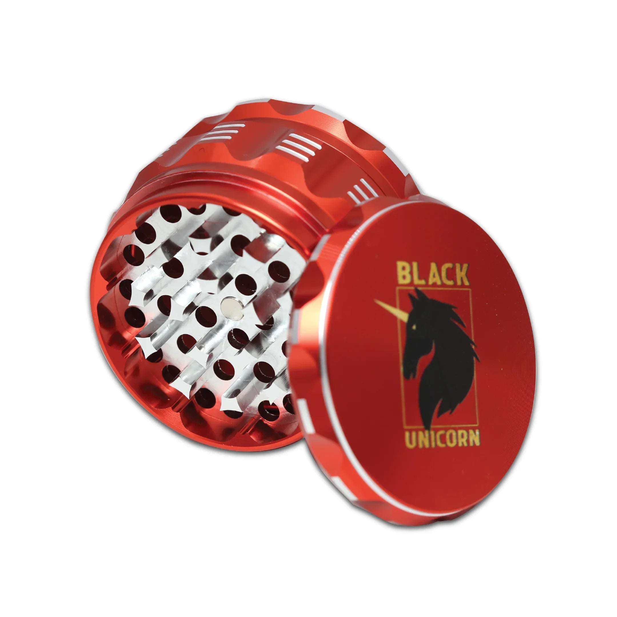 Black Unicorn Grinder with Pollen Catcher. Large 4 Piece, 2.5" Aluminum (Red) - Black Unicorn Hub