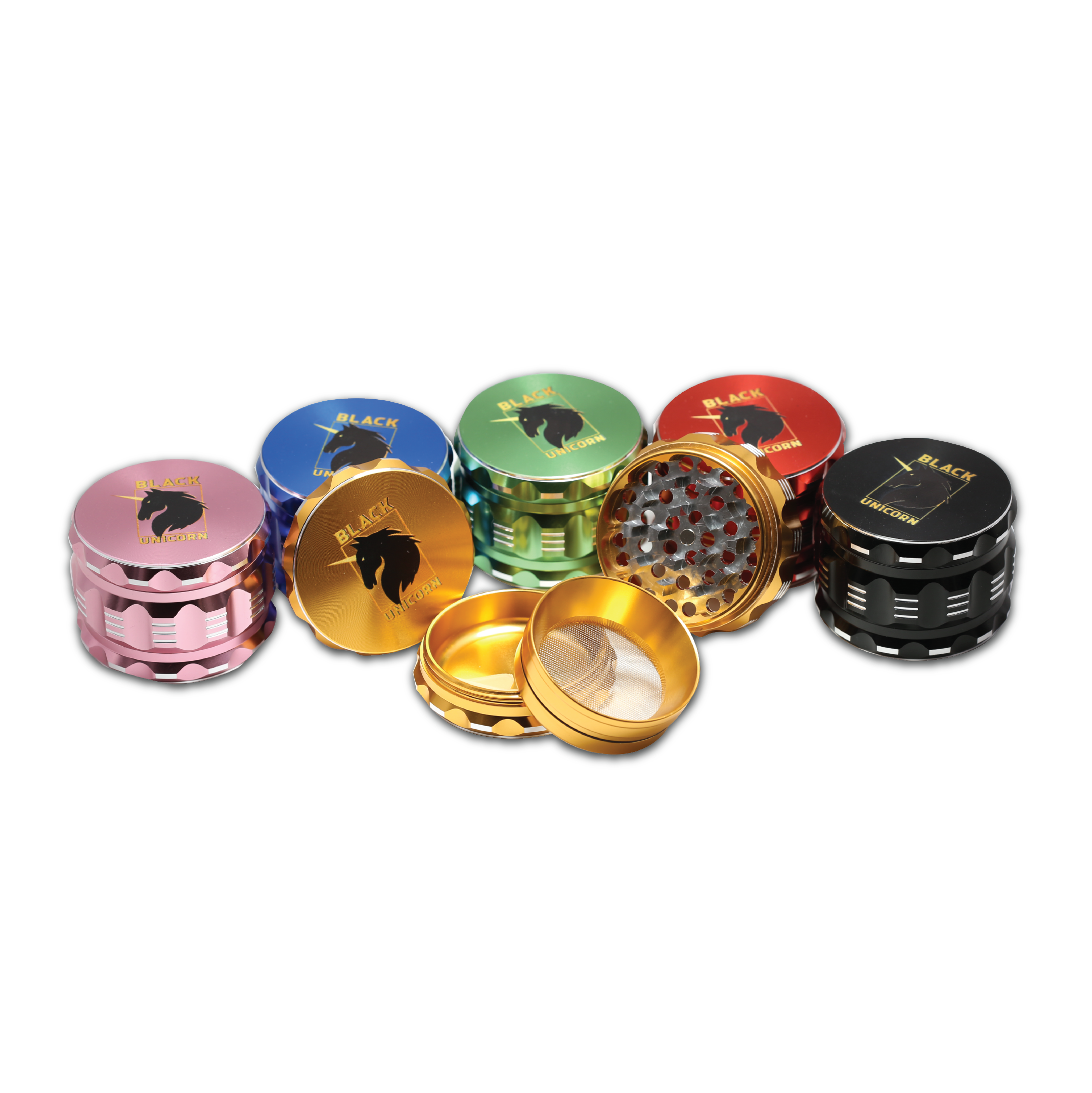 Black Unicorn Grinder with Pollen Catcher. Large 4 Piece, 2.5" Aluminum (Red)