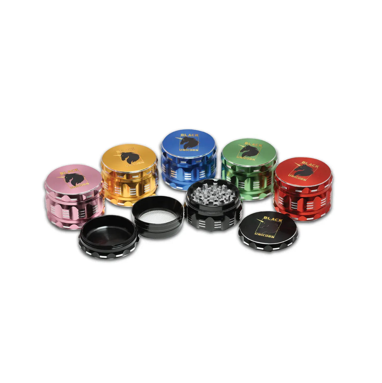 Black Unicorn Grinder with Pollen Catcher. Large 4 Piece, 2.5" Aluminum (Red) - Black Unicorn Hub