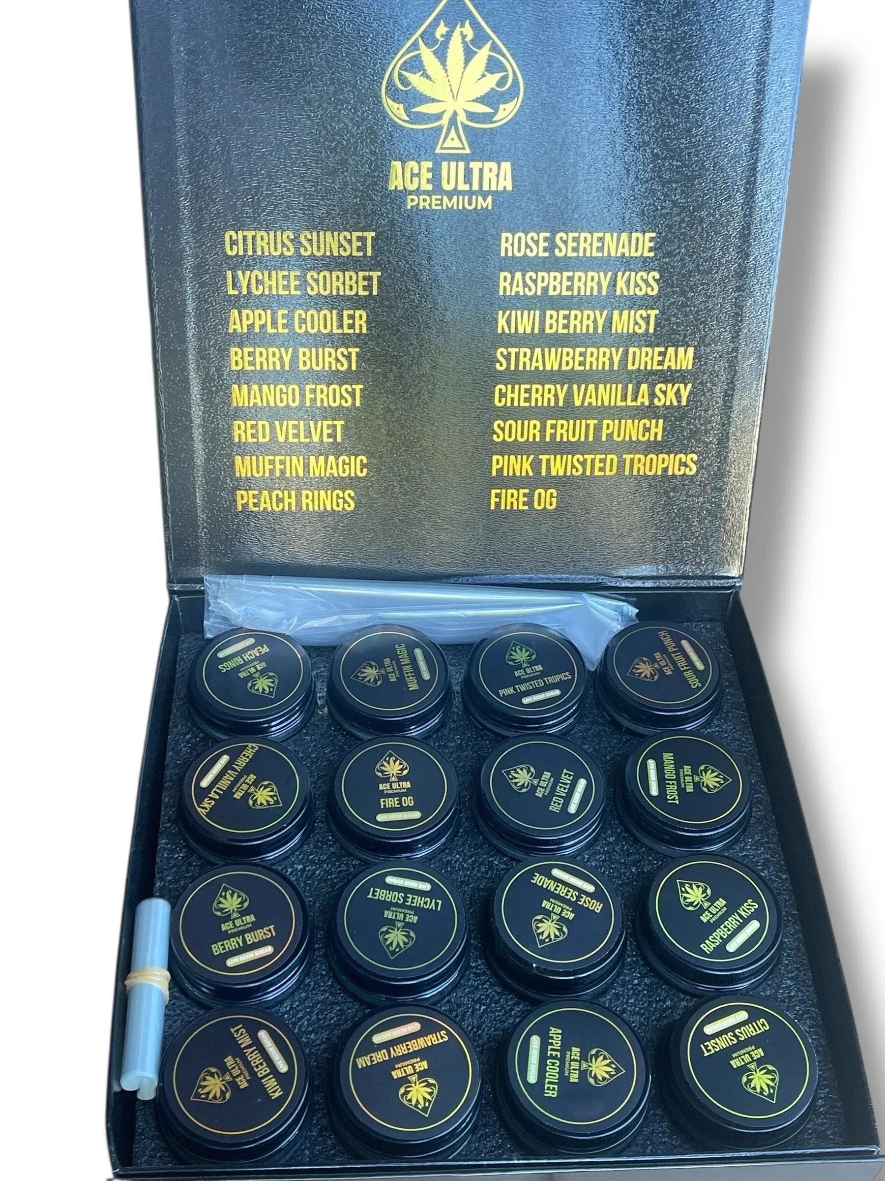 Black Ace Ultra Premium 1oz Glass Jars - Varity Pack 16 Strains in box Empty Jars