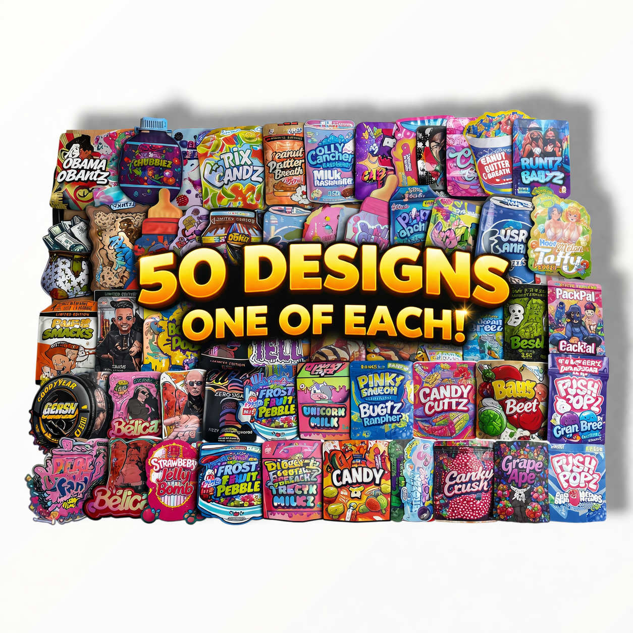 50 Different Designs 3.5g Mylar Bags – One of Each Design – Assorted Smell Proof Foil Bags – Variety Pack