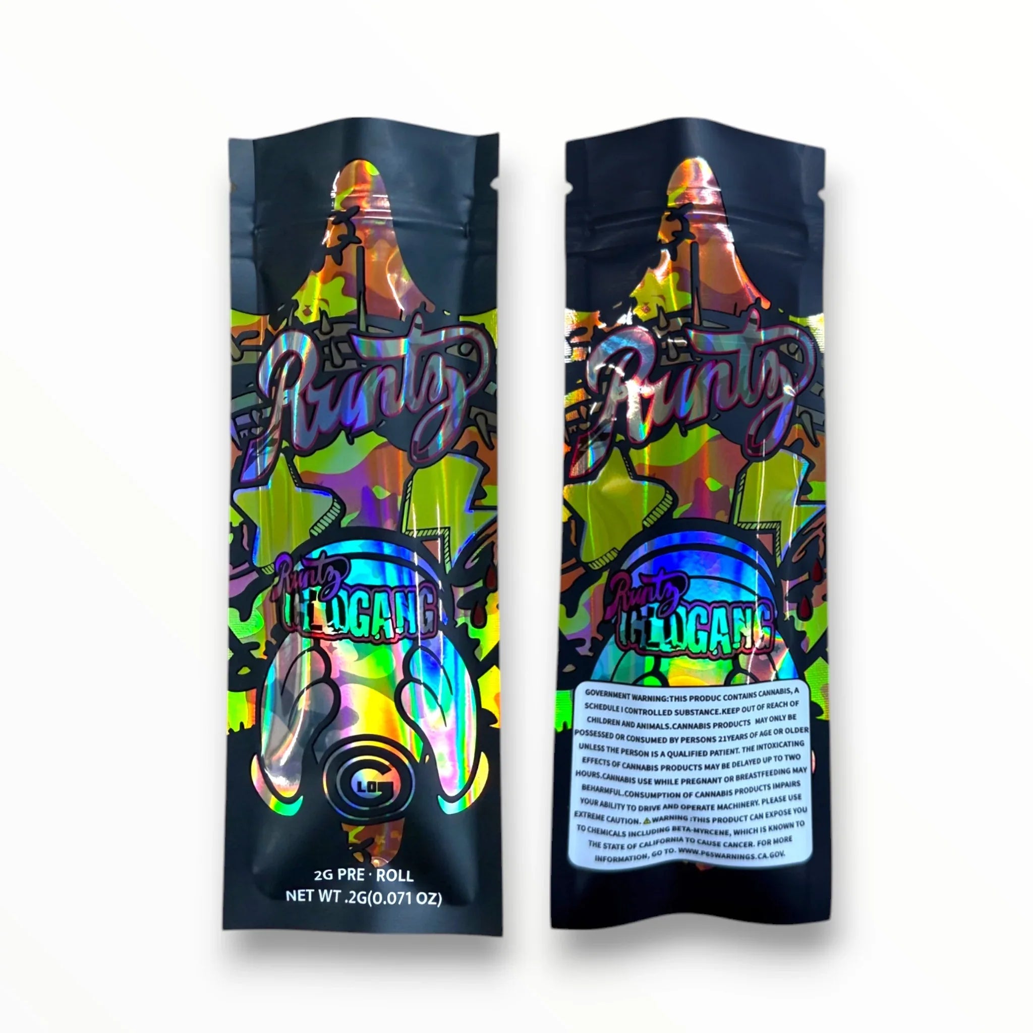 Glo Gang 2 Gram Pre Roll Packaging Net Wt. 2g(0.071oz) Holographic - Black Unicorn Hub