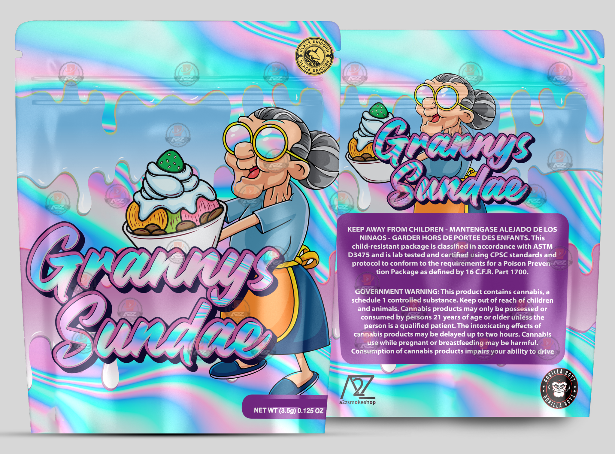 Granny's Sundae Holographic Mylar bag 3.5g - Black Unicorn - Packaging only