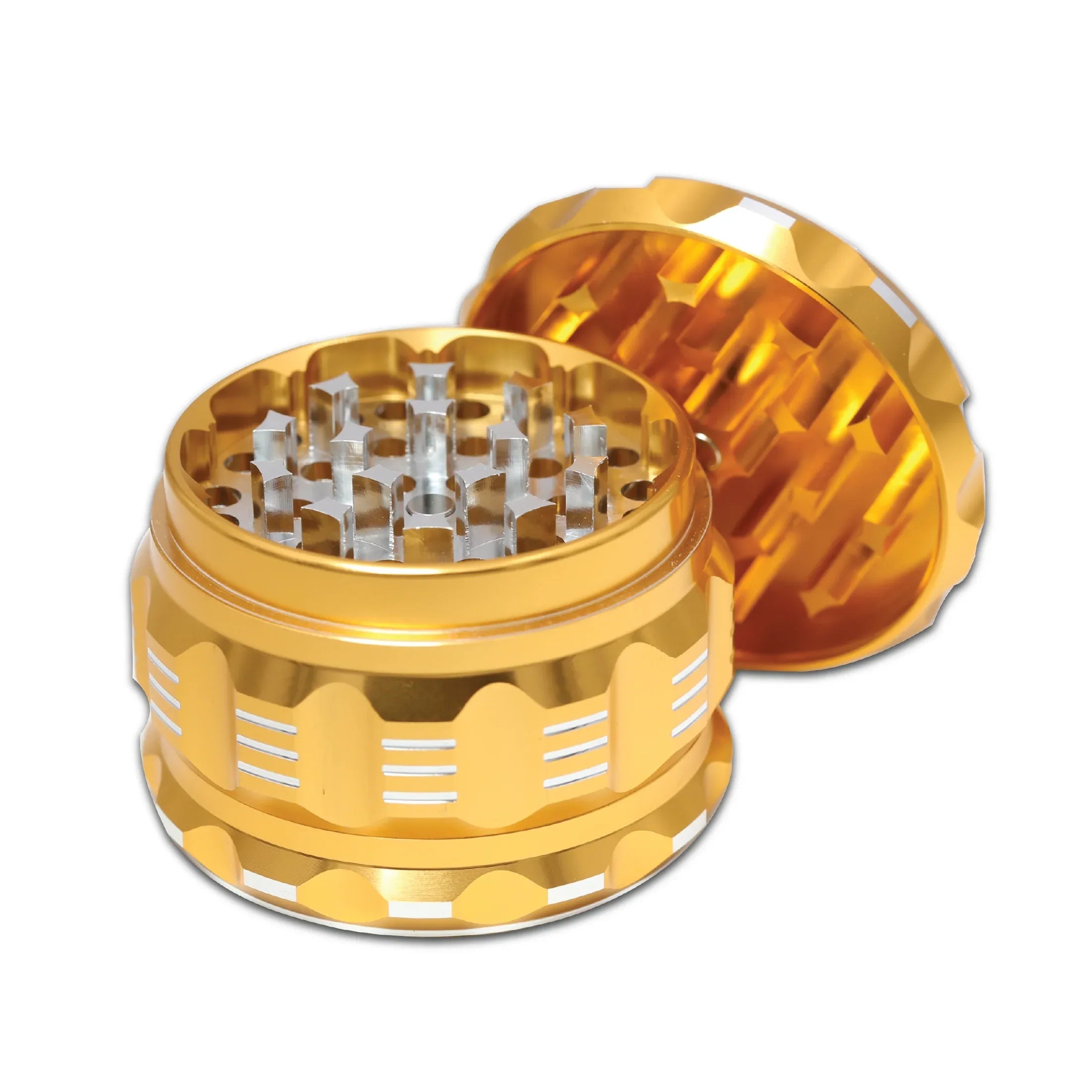 Grinder with Pollen Catcher. Large 4 Piece, 2.5" Aluminum (Gold) - Black Unicorn Hub