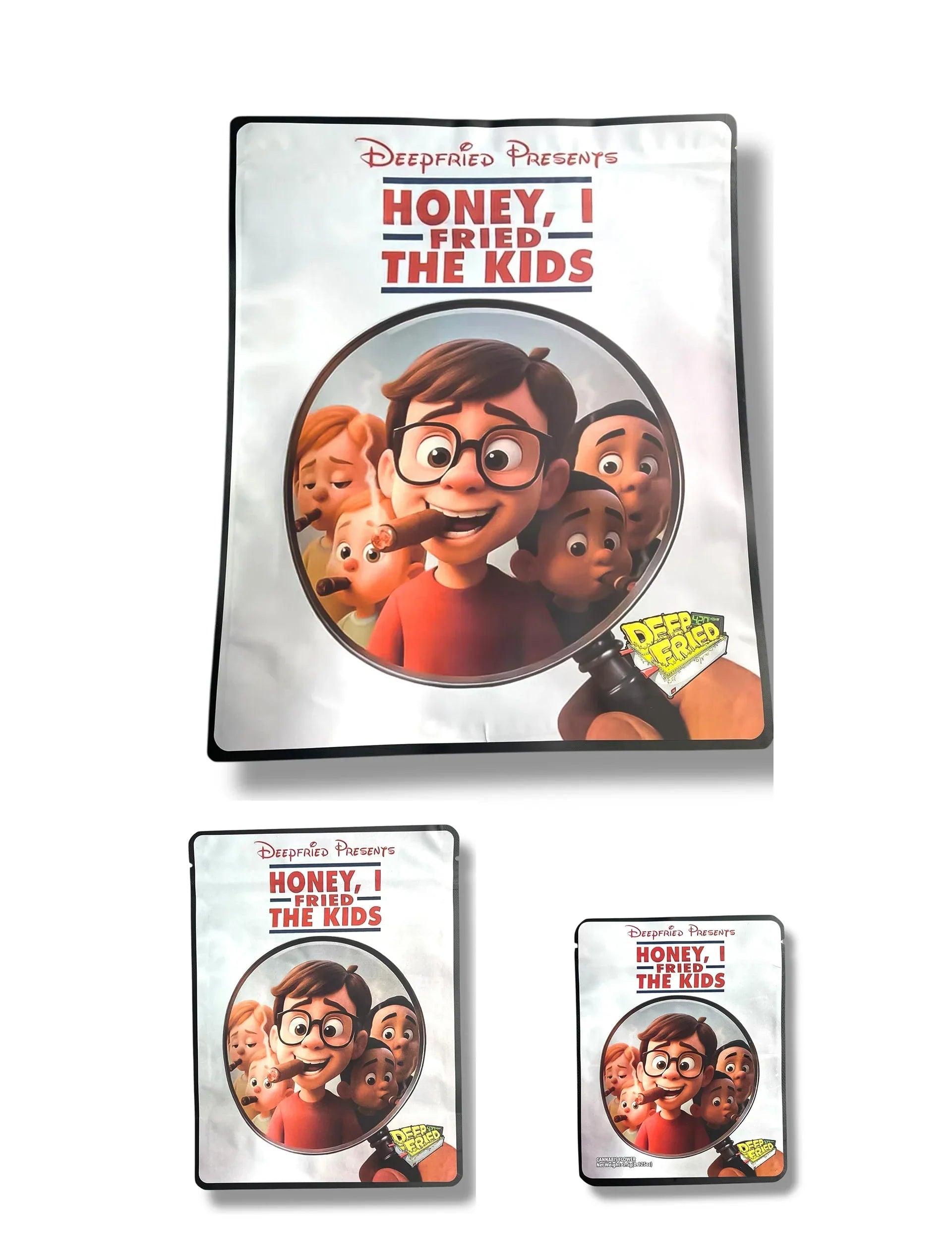Deep Fried Honey I Fried The Kids Combo Sticker Mylar Bags | 16oz, 1oz & 3.5g - Black Unicorn Hub