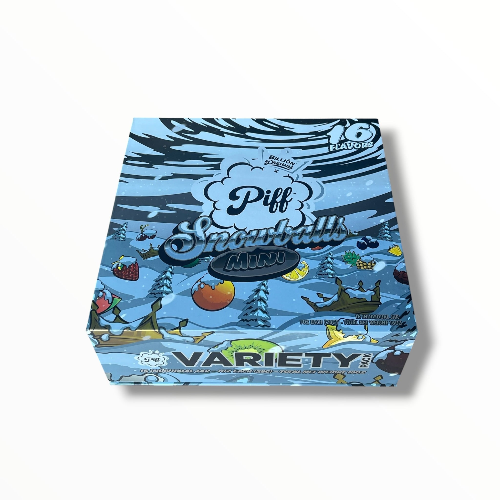 Piff Snowballs Mini 16-1oz Plastic Jars - Varity Pack 16 Flavors in box 1 pound with outer box Empty plastic Jars (Copy)