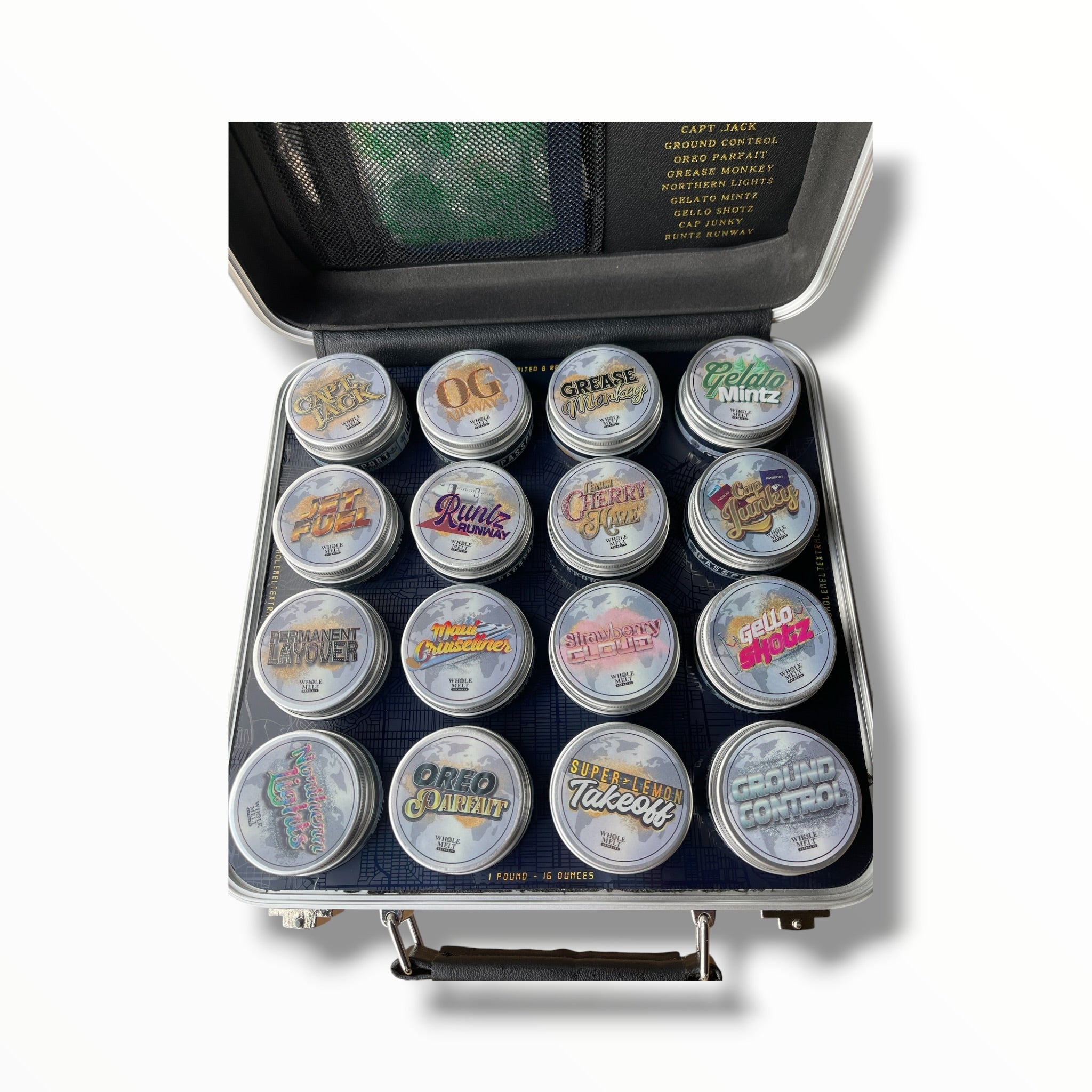 Whole Melt Passport Edition 1oz Glass Jars - Varity Pack 16 Strains in box Empty Jars