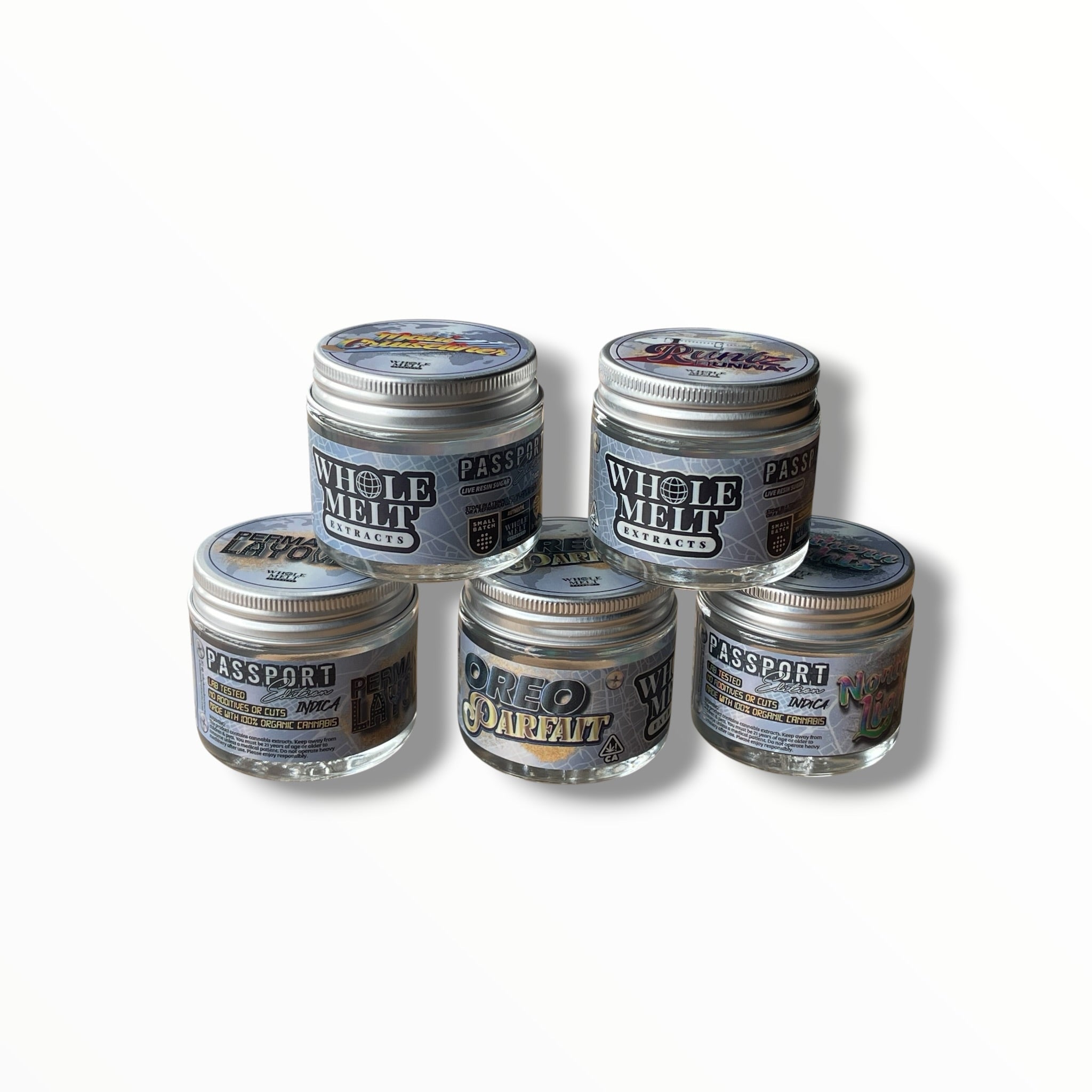 Whole Melt Passport Edition 1oz Glass Jars - Varity Pack 16 Strains in box Empty Jars
