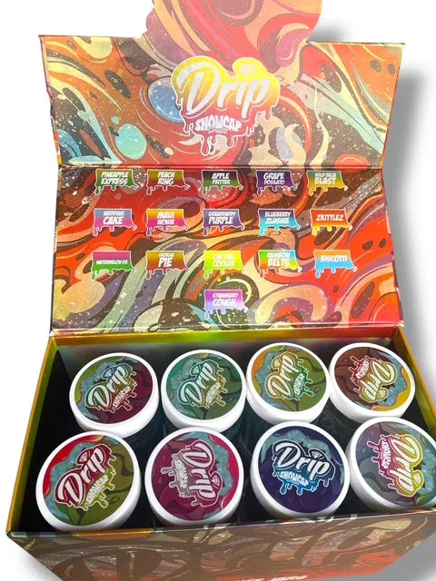 Drip Snowcaps Smalls 16-1oz Plastic Jars - Varity Pack 16 Flavors in box 1 pound with outer box Empty Jars - Black Unicorn Hub