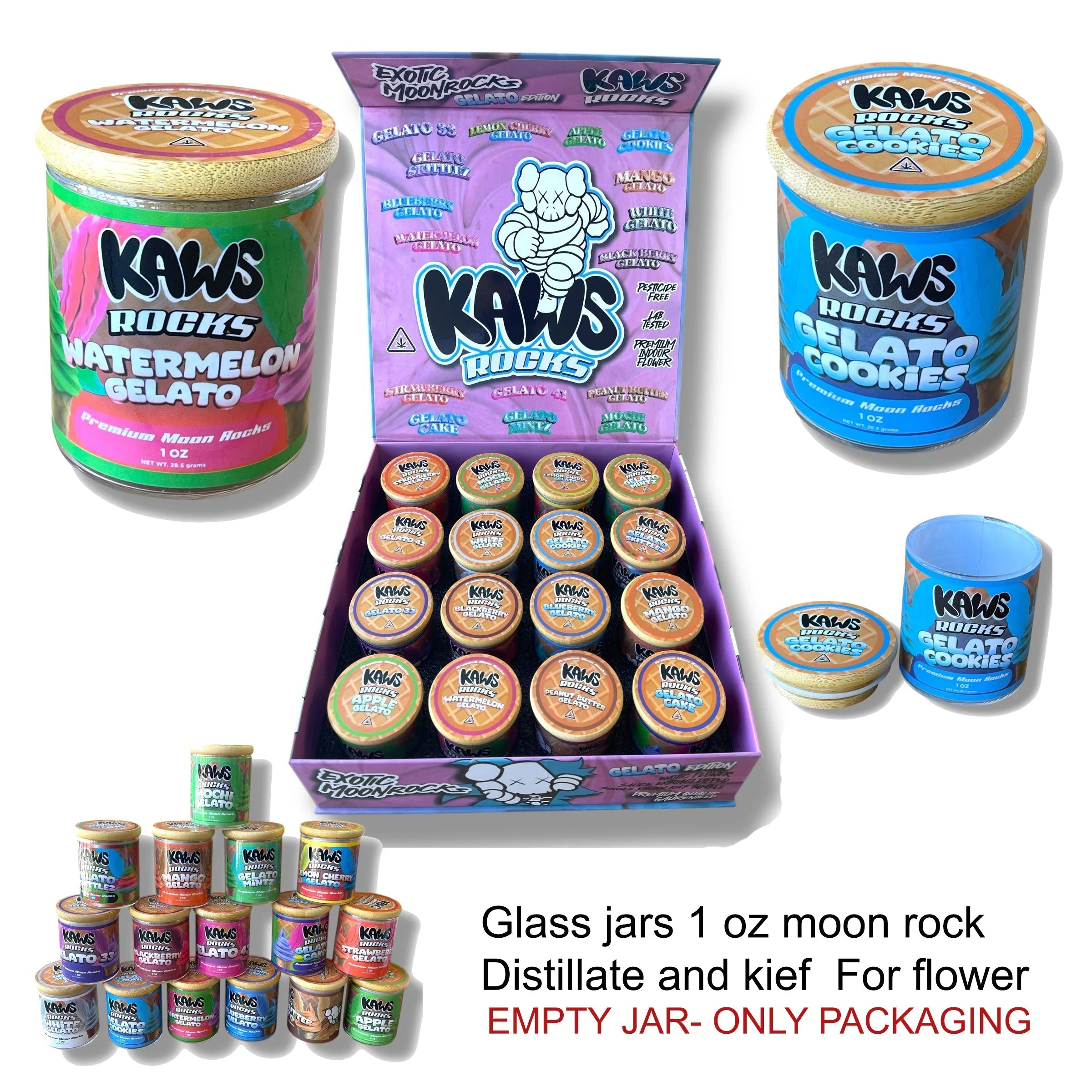 Kawz Moon Rocks Gelato Edition 1oz Glass Jars - Varity Pack 16 Strains in box Empty Jars - Black Unicorn Hub