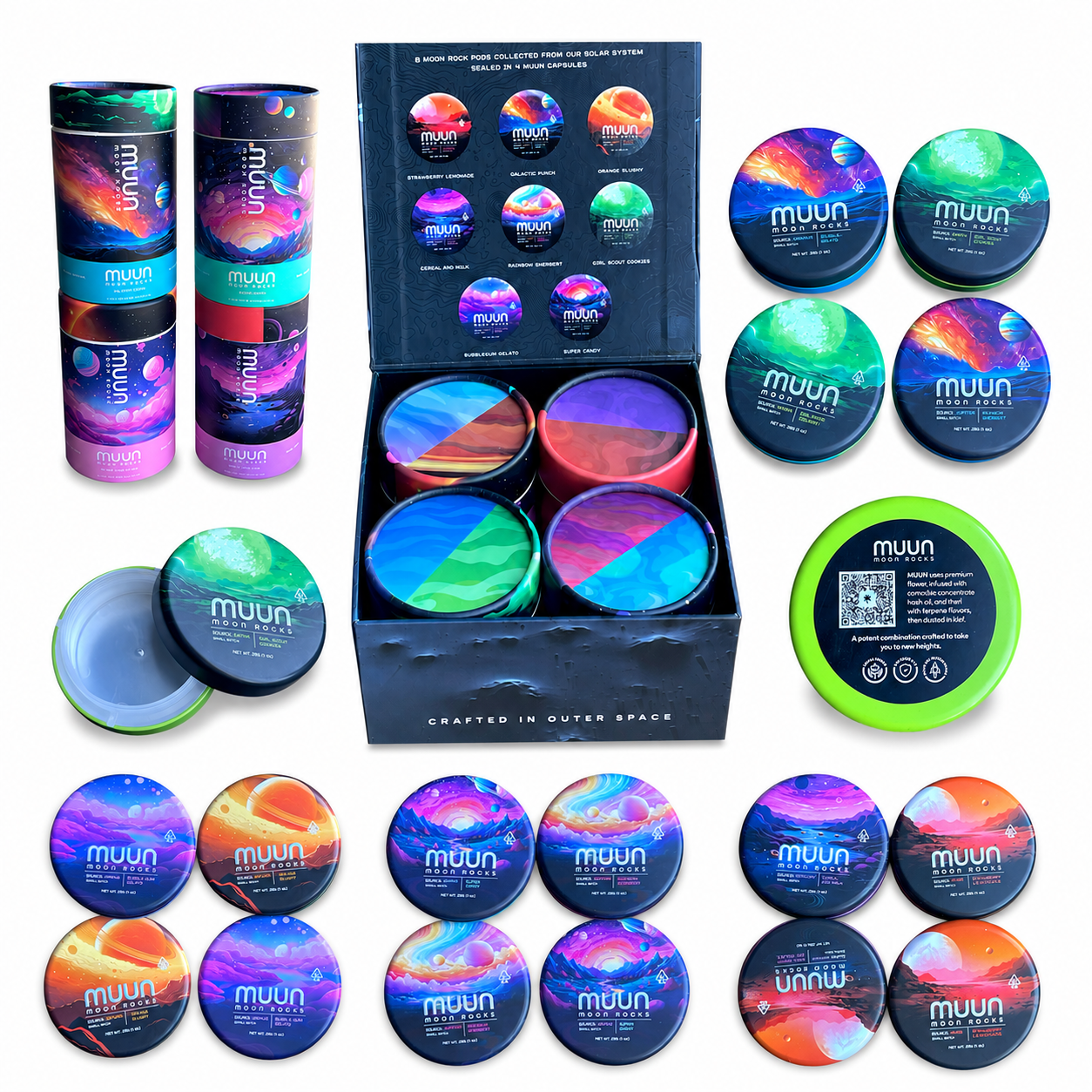 Muun Moon Rocks Mixed-Strain Variety Pack – 4 Capsules, 16 Empty 1 Oz Pods – Packaging Only