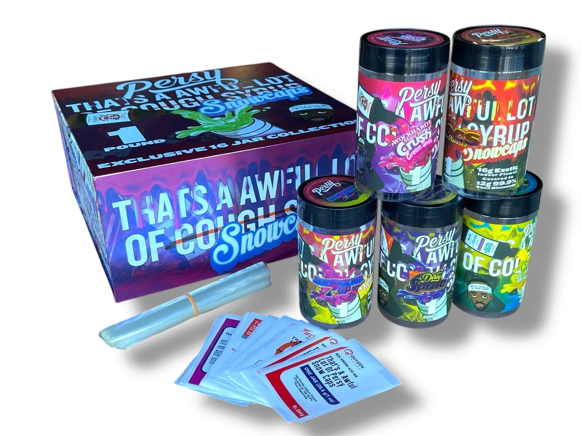 Persy Snowcaps Cough Syrup 16-1oz Plastic Jars - Varity Pack 16 Flavors in box 1 pound Empty Jars 