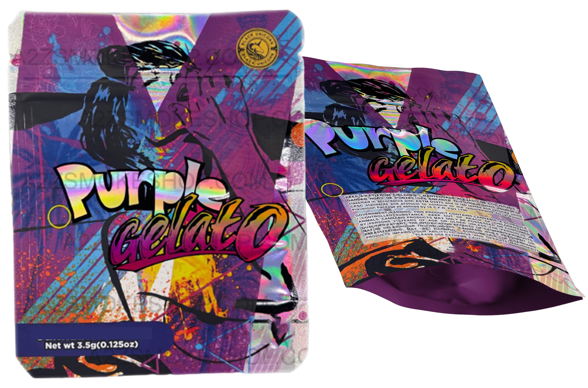 Black Unicorn Purple Gelato Holographic Mylar bag 3.5g  For Flower