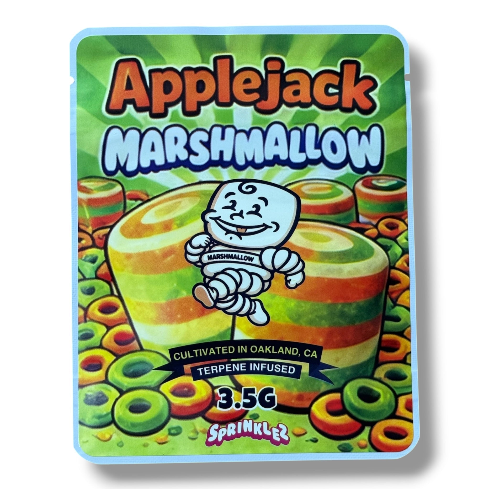 Sprinklez Apple Jack Marshmallow 3.5G Mylar sticker Bags -With stickers and label